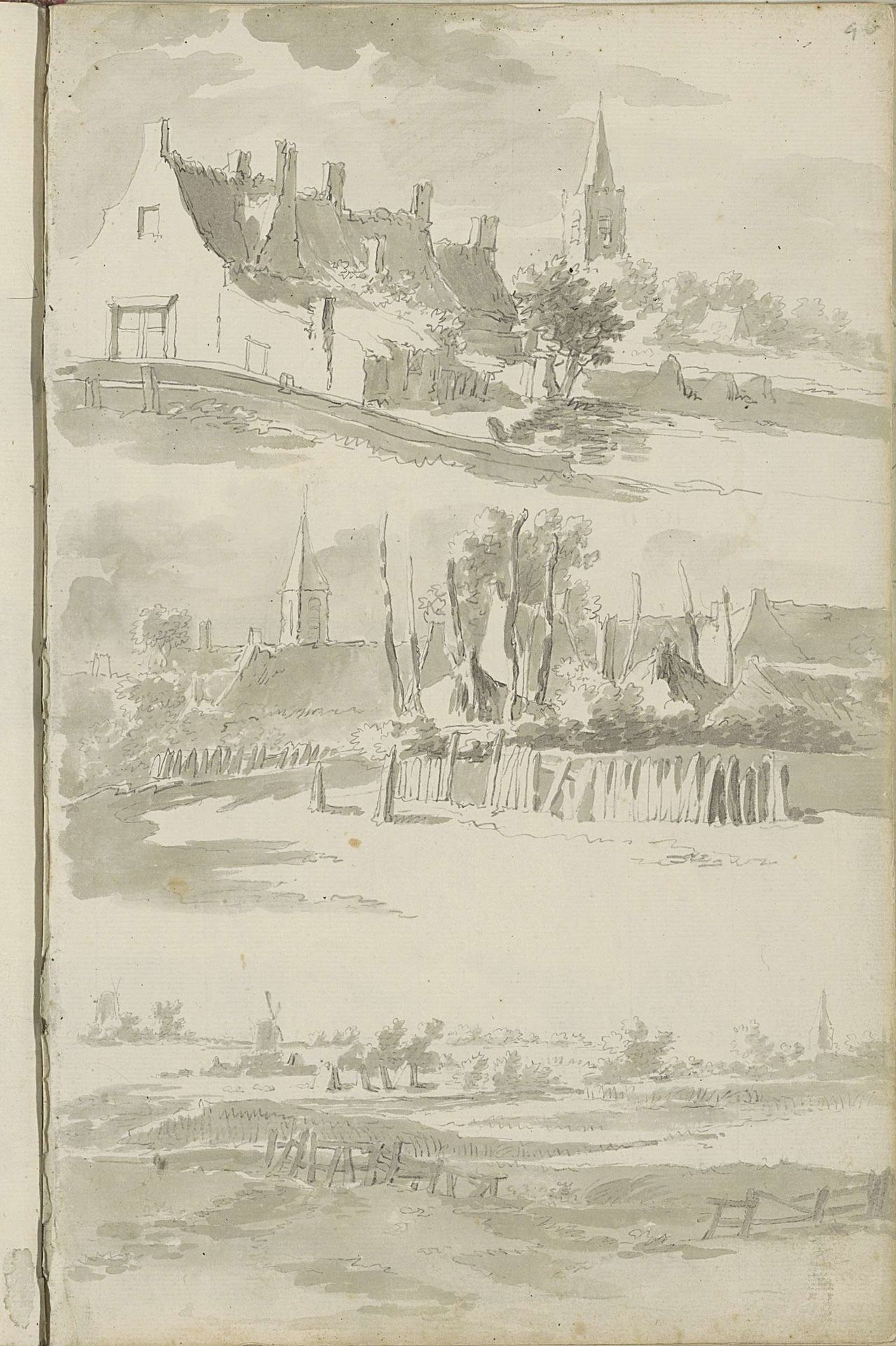 Stadsgezichten met kerktorens en een landschap met molen by Barend Hendrik Thier