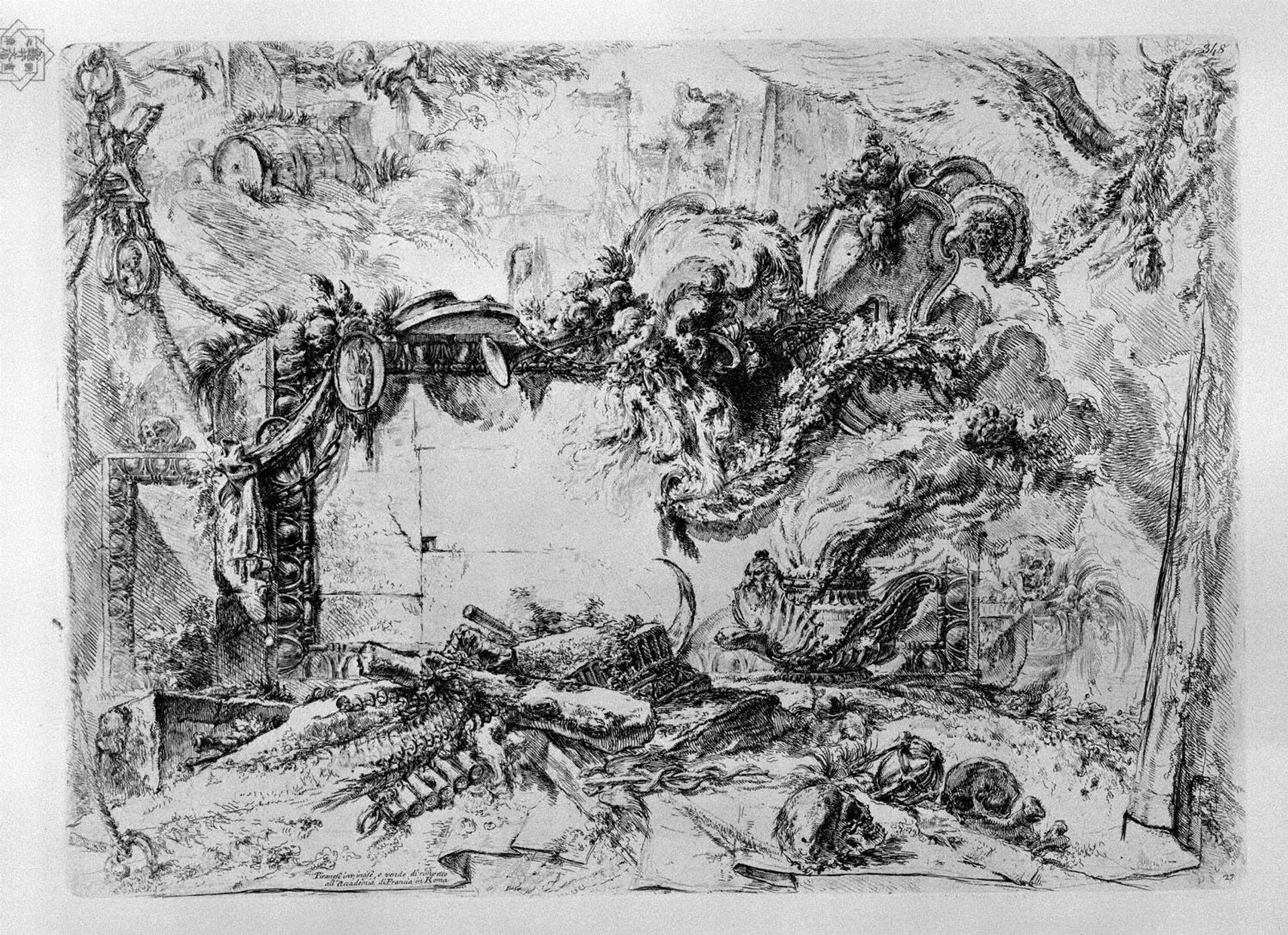Caprice decorative frames in the middle of a wall with a oval in the upper left a barrel and a hand pours a drink, the lower a syringe, a club, a caduceus, a censer smoke, an hourglass, skulls and bones by Giovanni Battista Piranesi