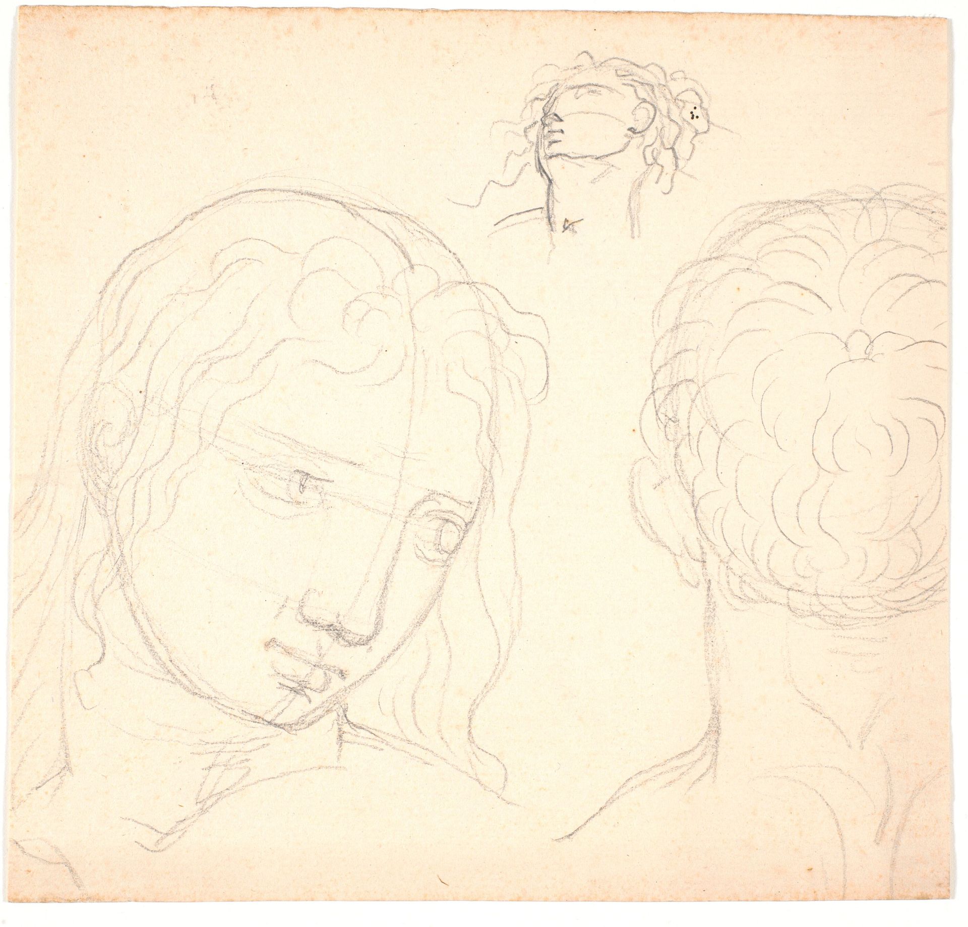 Tre studier af drejede ansigter. Et kvindeansigt i trekvart profil t.h. Et mandehoved set bagfra. Et mindre mandehoved set skråt nedefra by Nicolai Abildgaard
