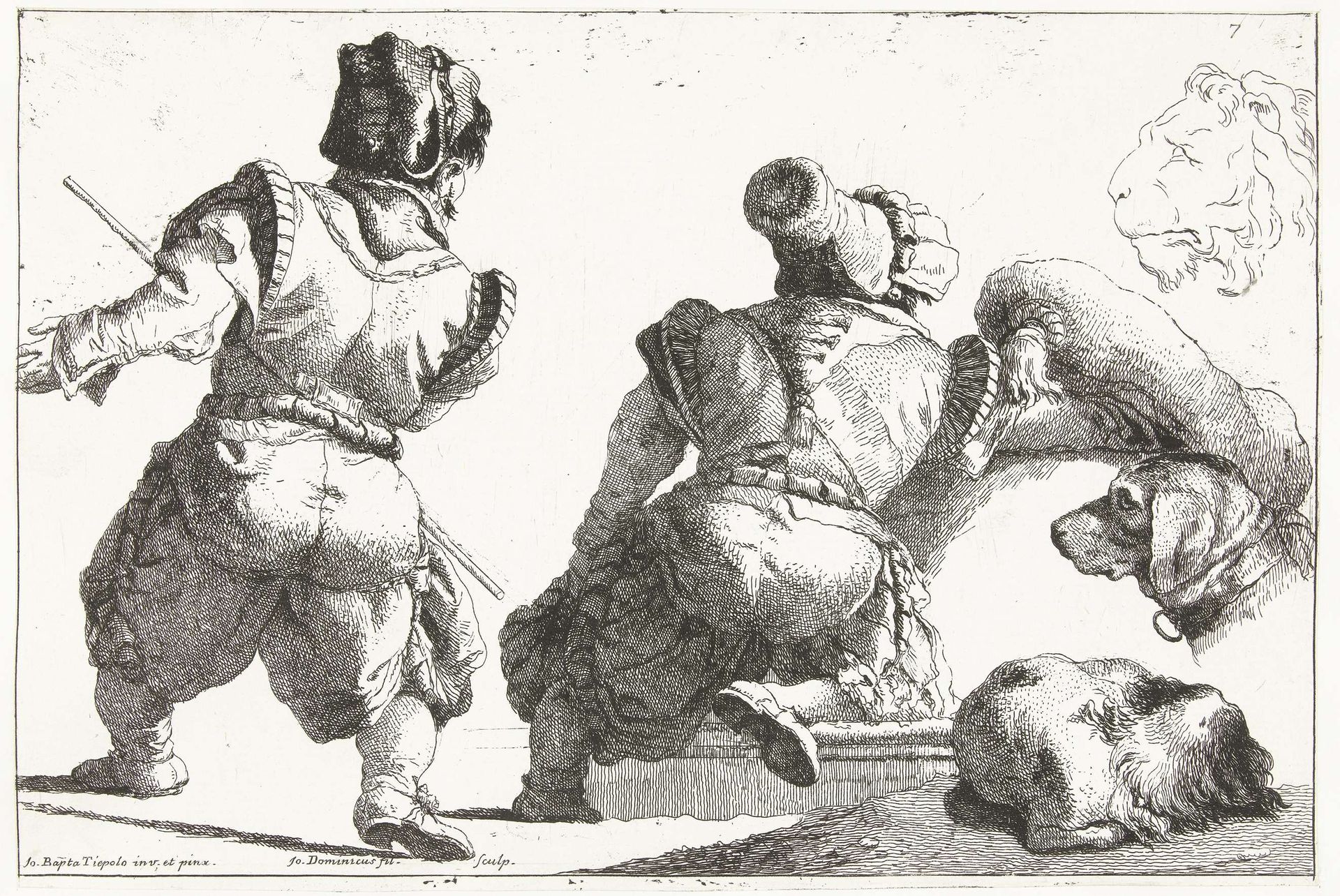 Twee dwergen en twee studies van hond en kop van leeuw by Giovanni Domenico Tiepolo
