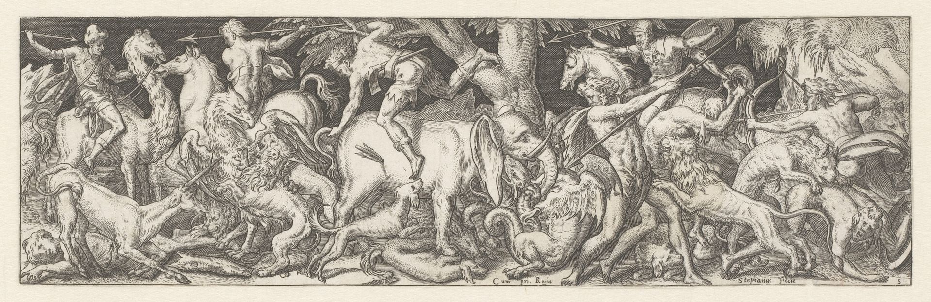 Gevecht tussen mannen, dieren en fabeldieren by Etienne Delaune