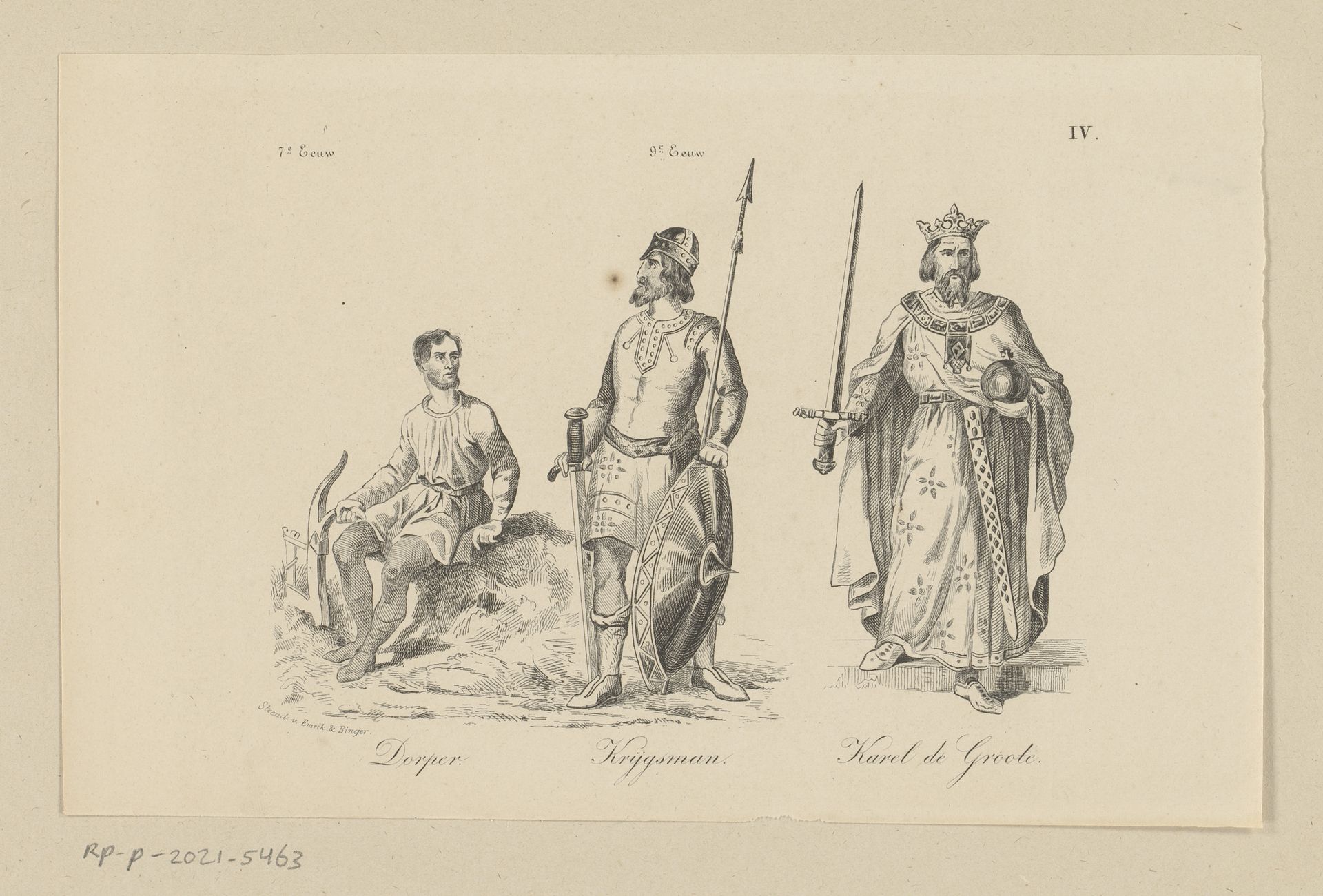 Boer, krijgsman en Karel de Grote in kleding uit de zevende en negende eeuw by Anonymous