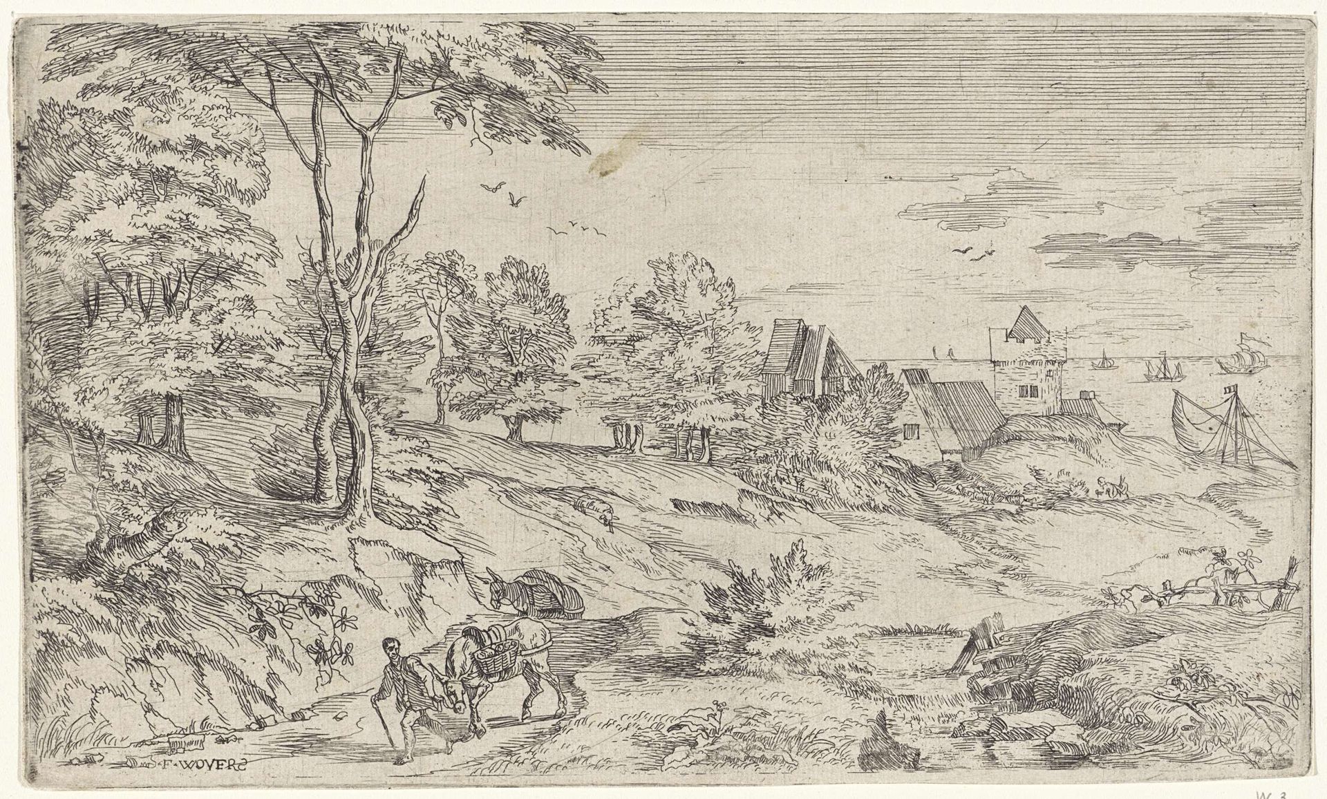Landschap met een man met twee ezels by Frans Wouters