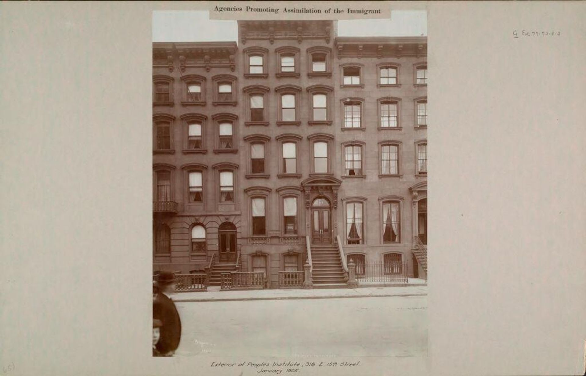 Education, Popular Culture: United States. New York. New York City. People's Institute: Agencies Promoting Assimilation of the Immigrant: Exterior of People's Institute, 318 E. 15th Street. January 1905 by Percy C. Byron
