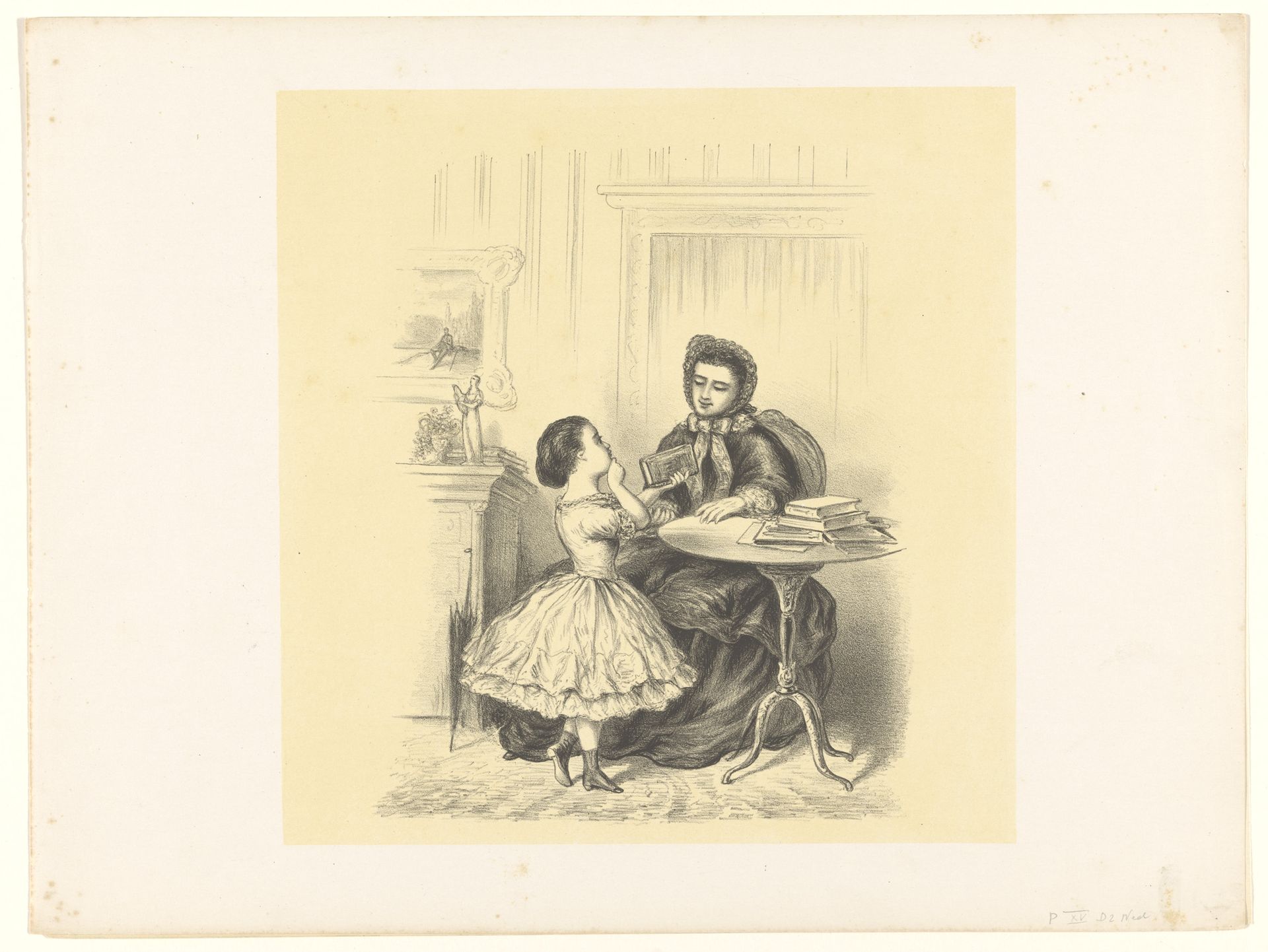 Interieur met een meisje dat haar moeder een boek aanreikt by Alexander Ver Huell
