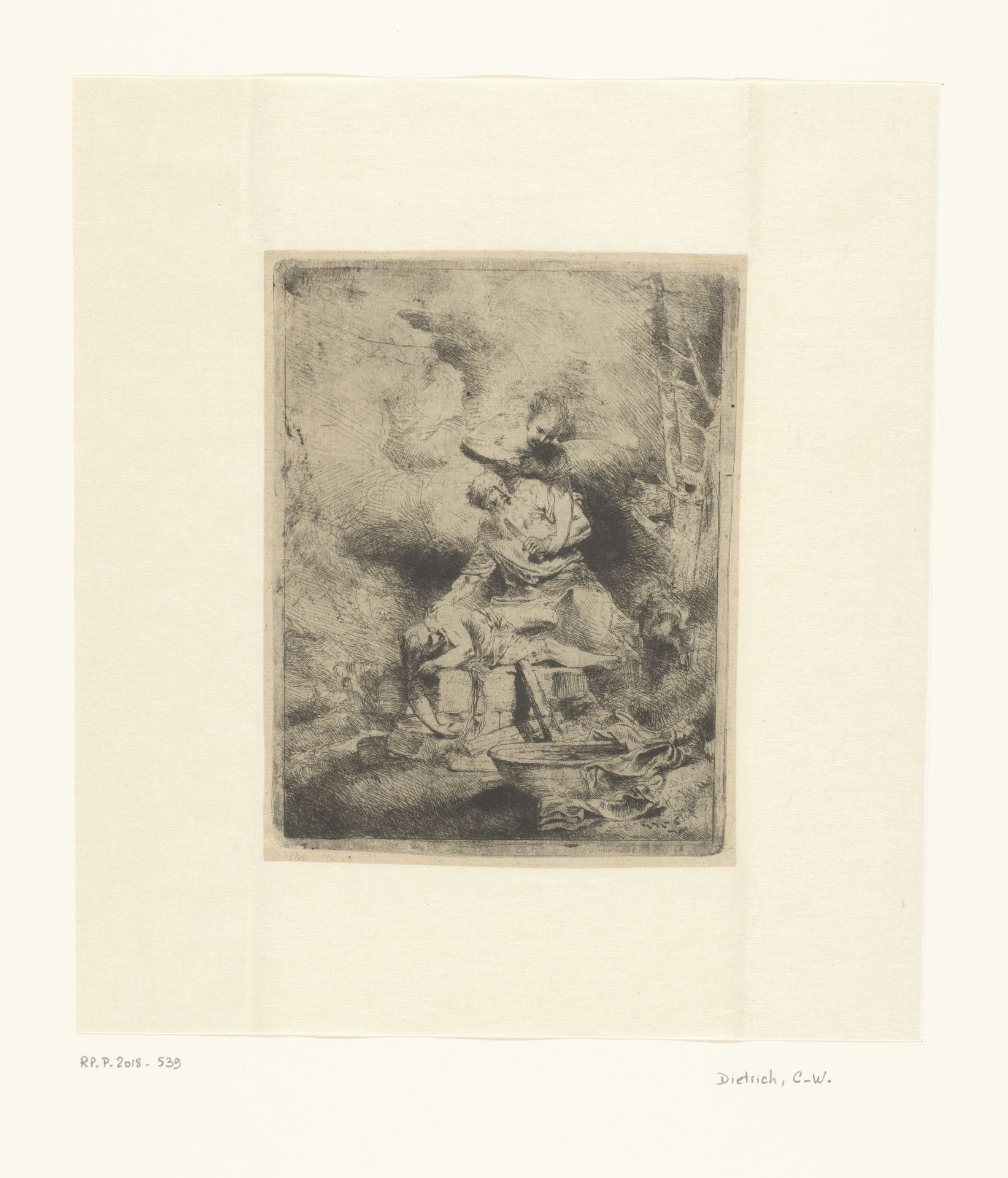 De engel voorkomt het offer van Isaak (in de manier van Rembrandt) by Christian Wilhelm Ernst Dietrich