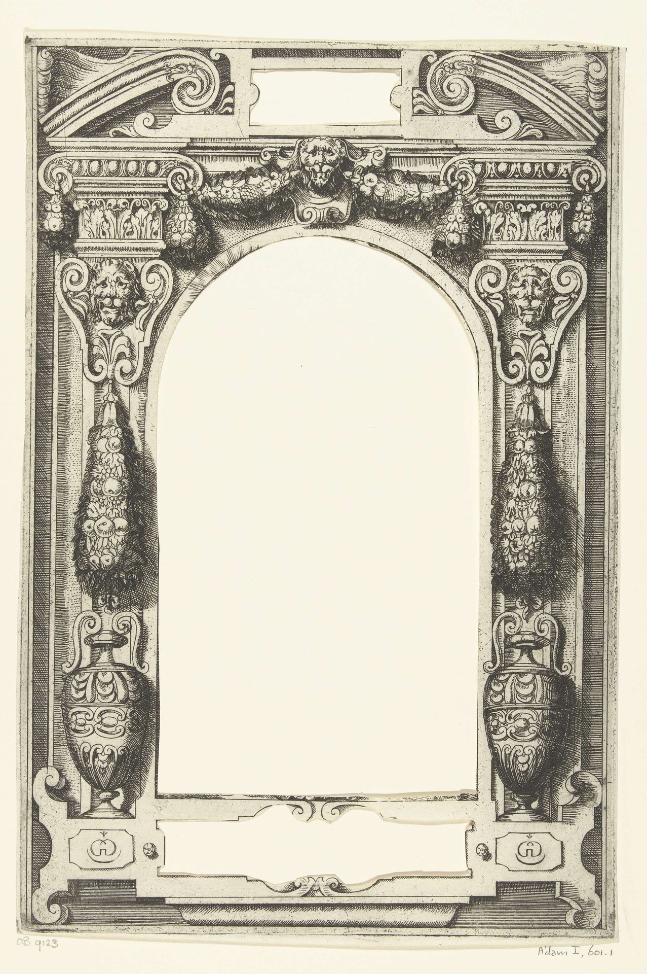 Poort met een gebroken fronton op twee pilasters by Giovanni Guerra