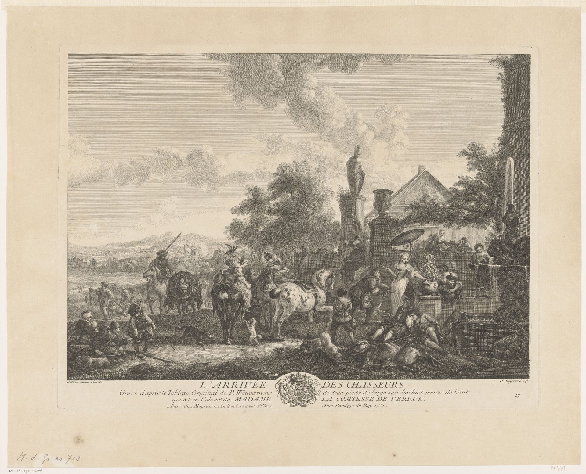 Terugkerend jachtgezelschap bij een fontein by Jean Moyreau