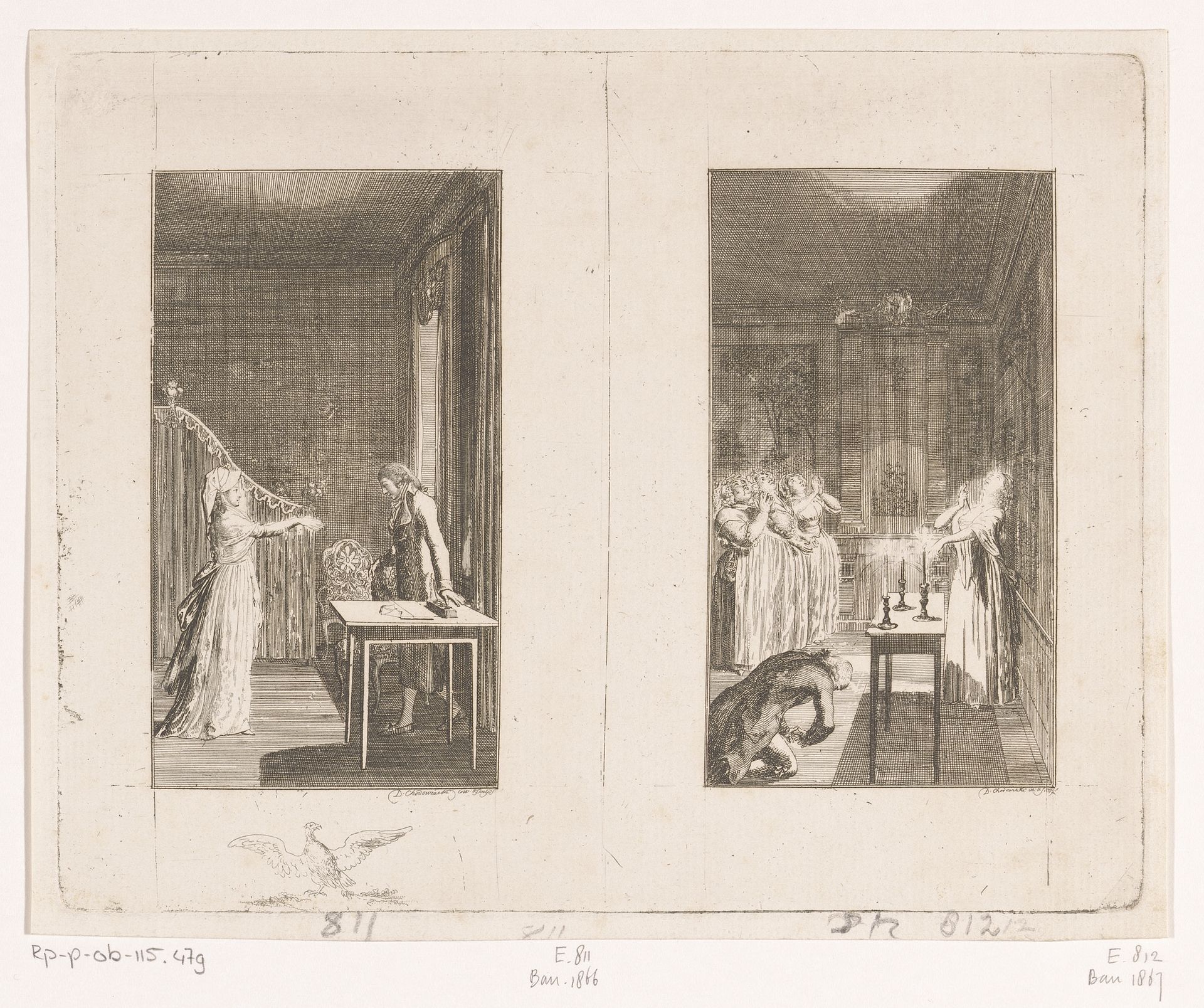 Twee voorstellingen uit Clarissa van Samuel Richardson by Daniel Nikolaus Chodowiecki