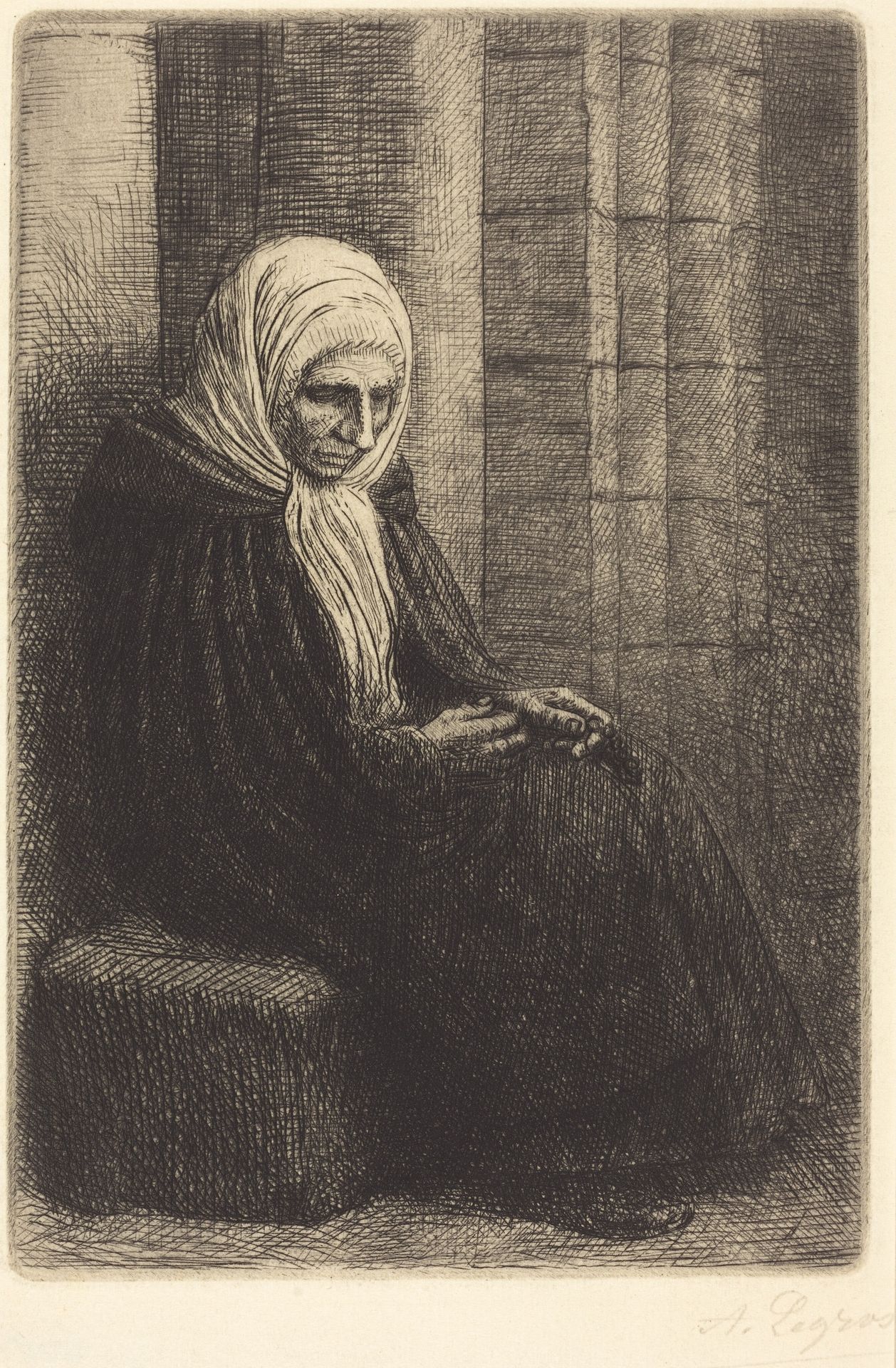 Woman Seated against a Wall, Child with His Head in Her Lap (Femme assis, muraille au fond, enfant la tete dans son giron) by Alphonse Legros