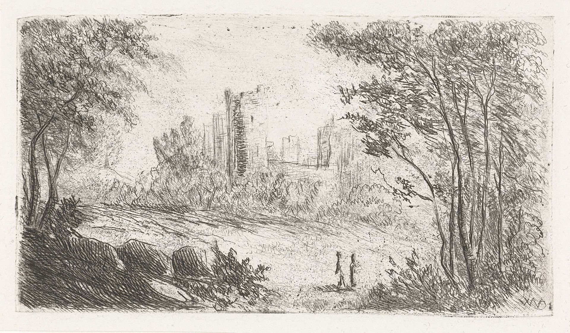 Landschap met ruïne van kasteel en twee figuren by Willem Matthias Jan van Dielen