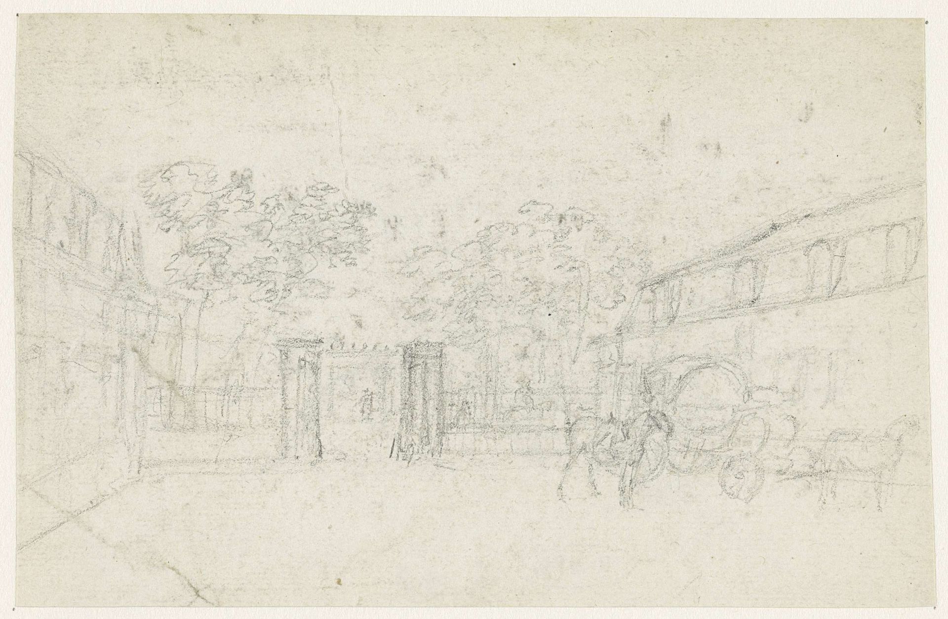 Postkoets bij een hek tussen twee gebouwen by Georges Michel