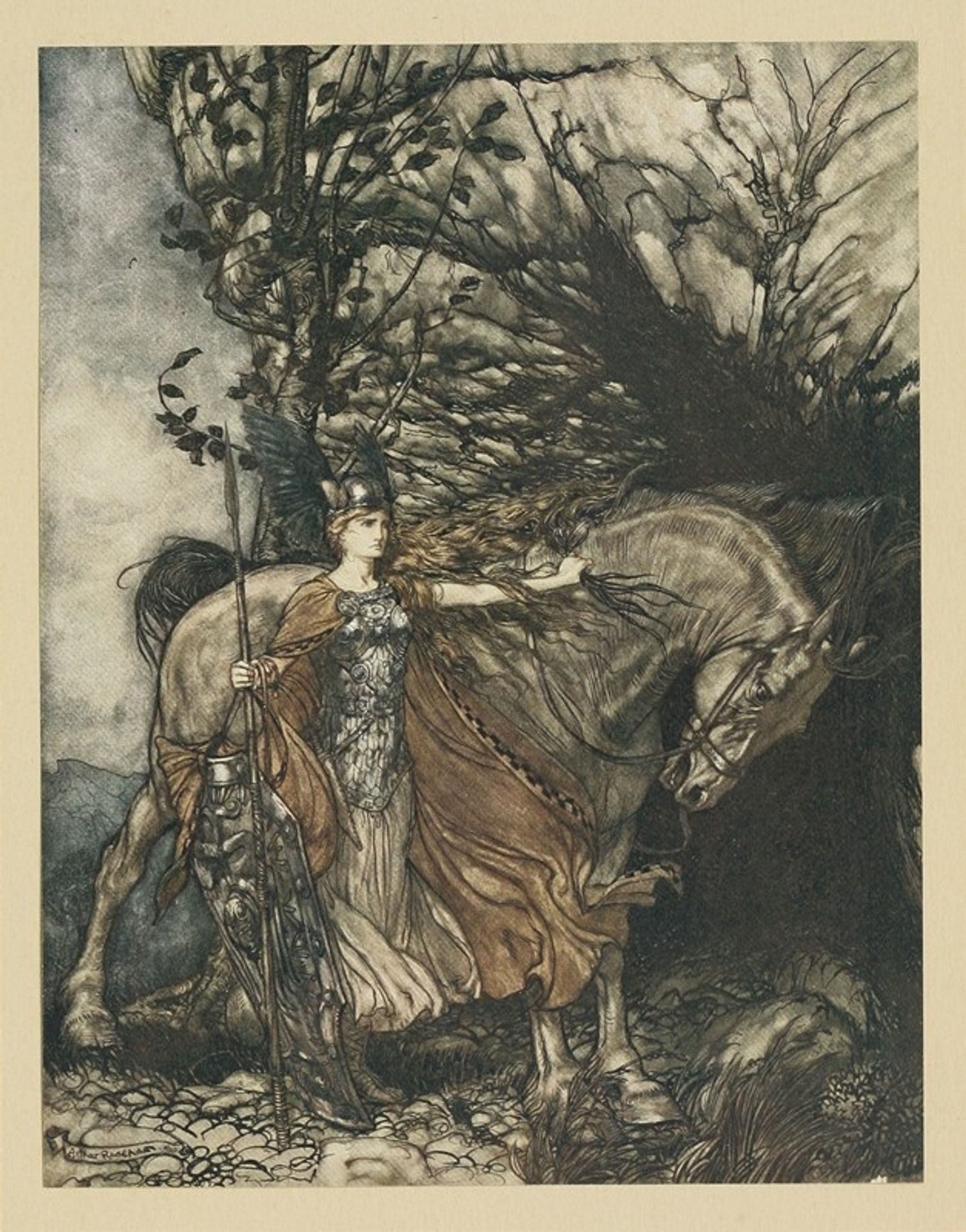 Brunnhilde with her horse, at the mouth of the cave by Arthur Rackham