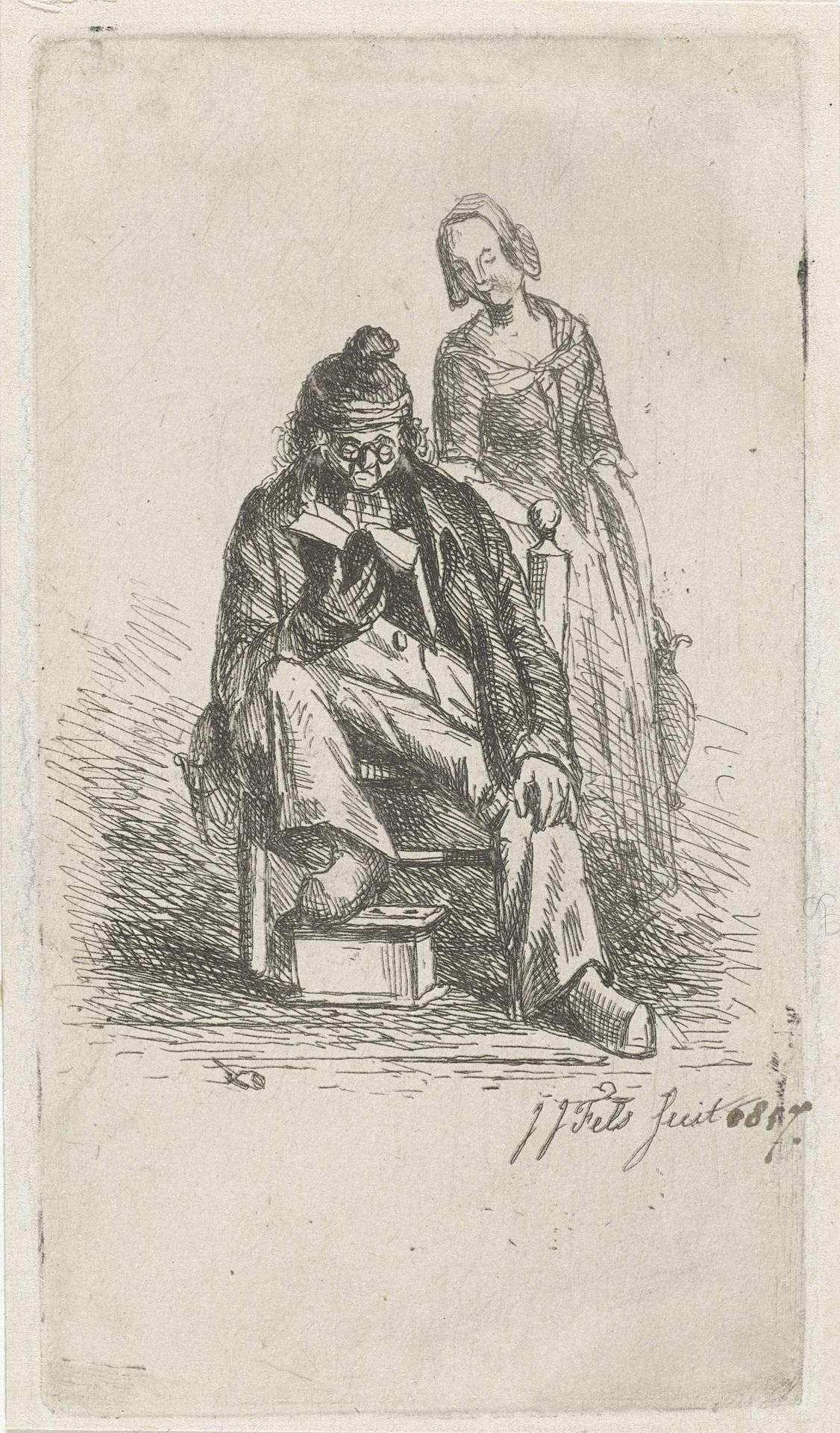 Vrouw bij lezende man by Jan Jacob Fels
