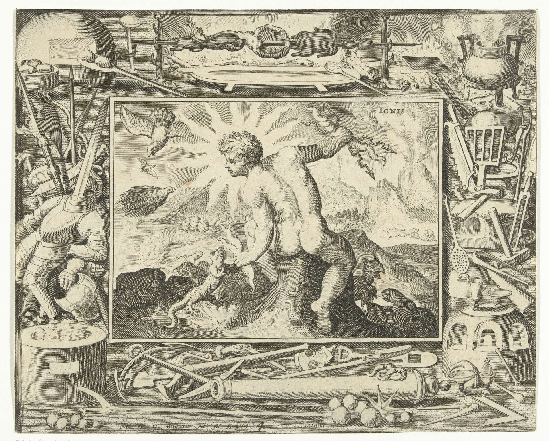 Element vuur als jonge man met bliksemschichten by Nicolaes de Bruyn