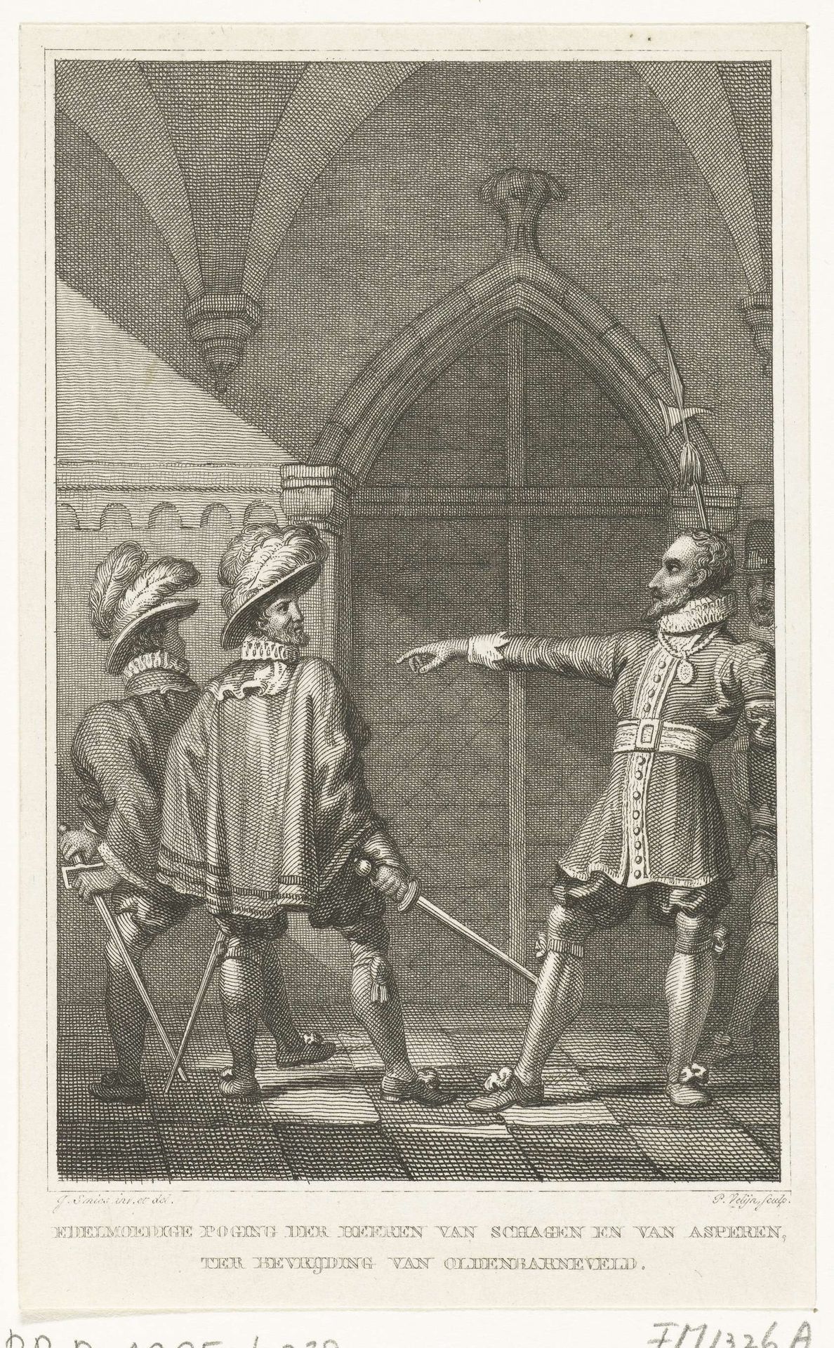 De heren van Schagen en van Asperen doen een poging om Van Oldenbarnevelt te bevrijden, 1618 by Philippus Velijn
