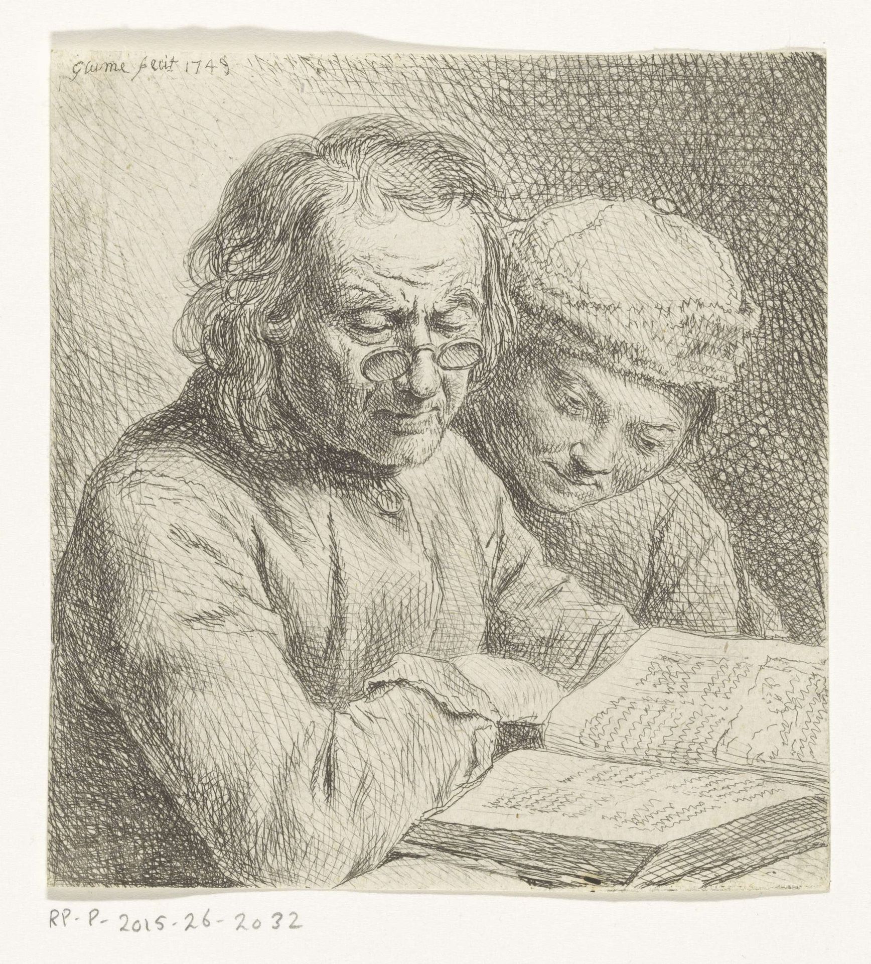 Man en jongen lezen in een boek by Johann Gottlieb Glume