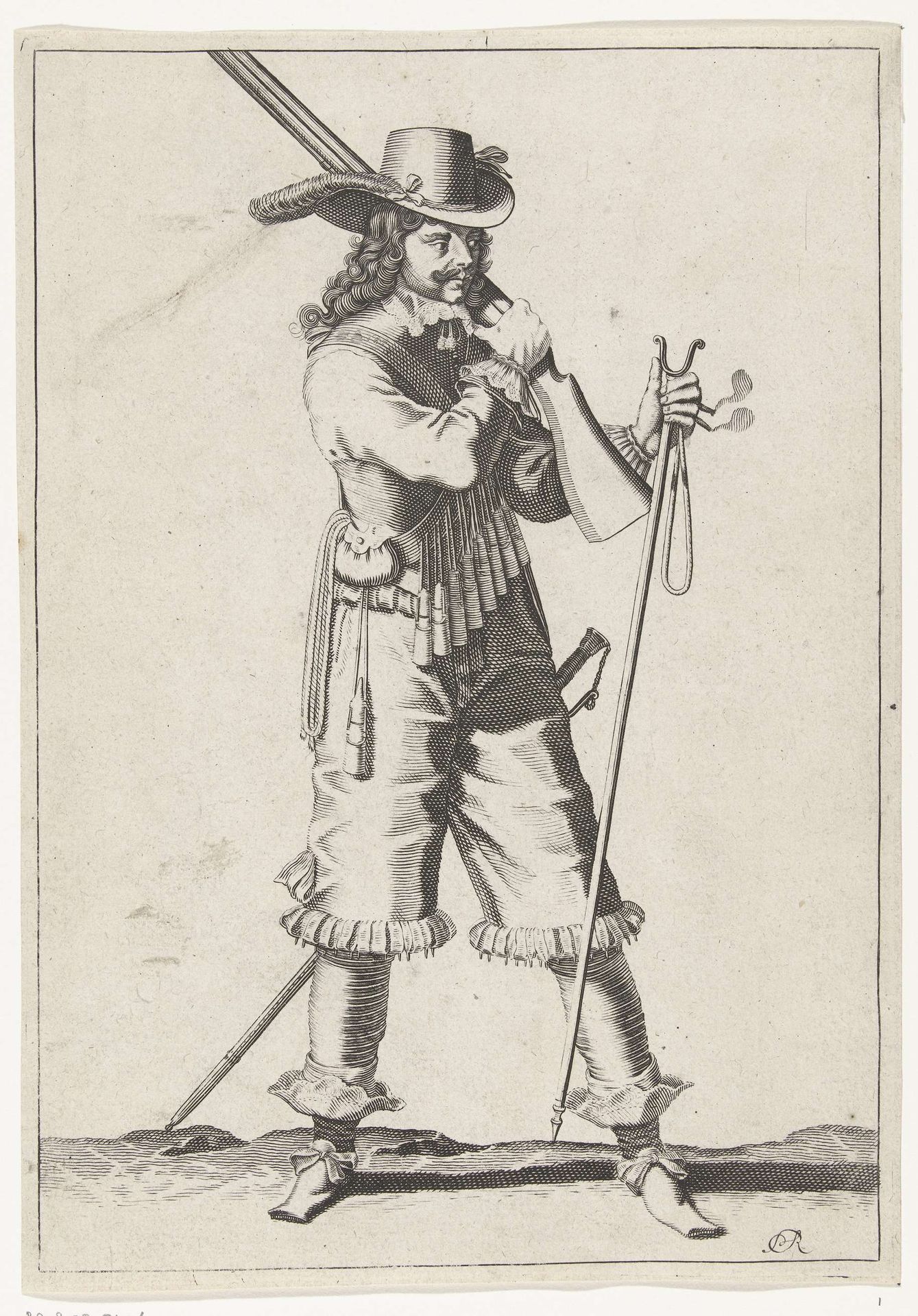 Soldaat die zijn musket met zijn rechterhand op zijn schouder legt, ca. 1645 by Petrus Rucholle