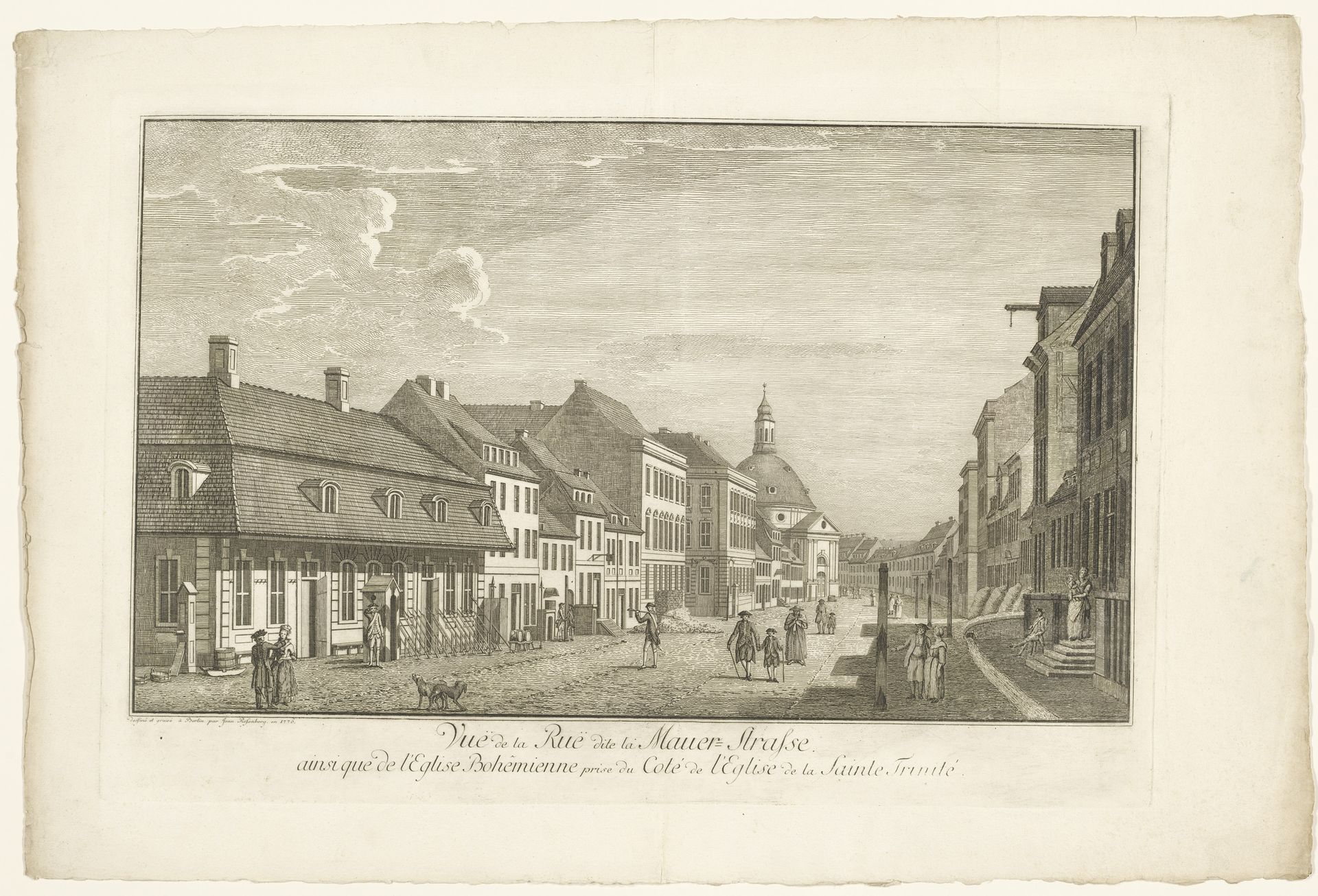 Gezicht op de Mauerstrasse met Bethlehemkerk in Berlijn by Johann Georg Rosenberg