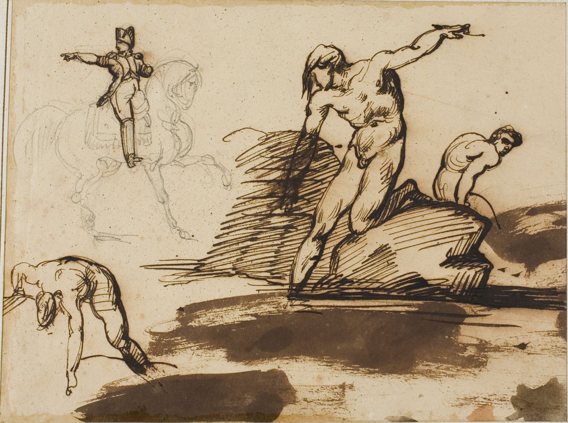 Study of Napoleon on Horseback with Sketches of Nudes Among Rocks by Théodore Géricault