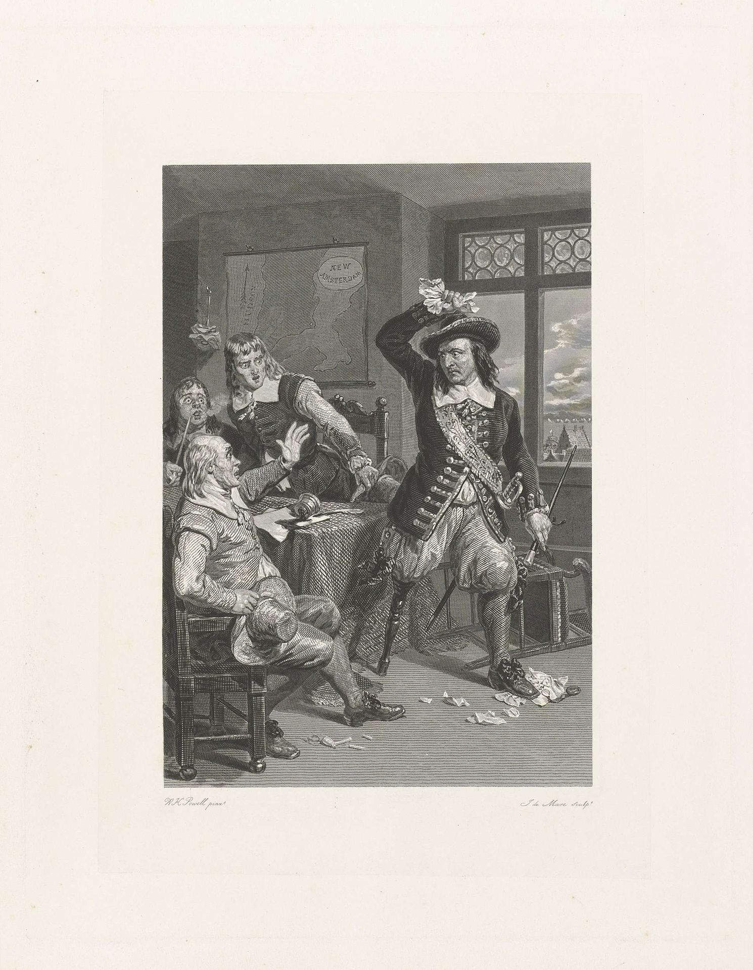 Vier mannen in 17e eeuws kostuum rond een tafel by Johannes de Mare