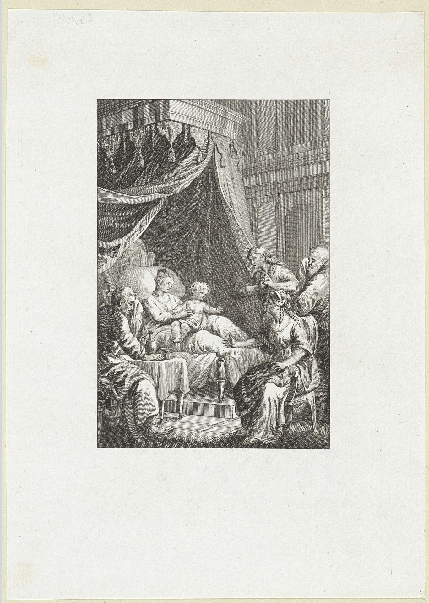 Vrouw met een jong kind in een hemelbed omringd door bezoekers by Reinier Vinkeles