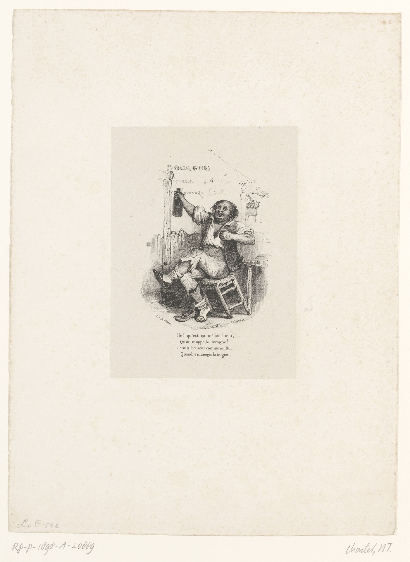 Dronkaard met een fles wijn en een vol glas in de kroeg by Nicolas Toussaint Charlet