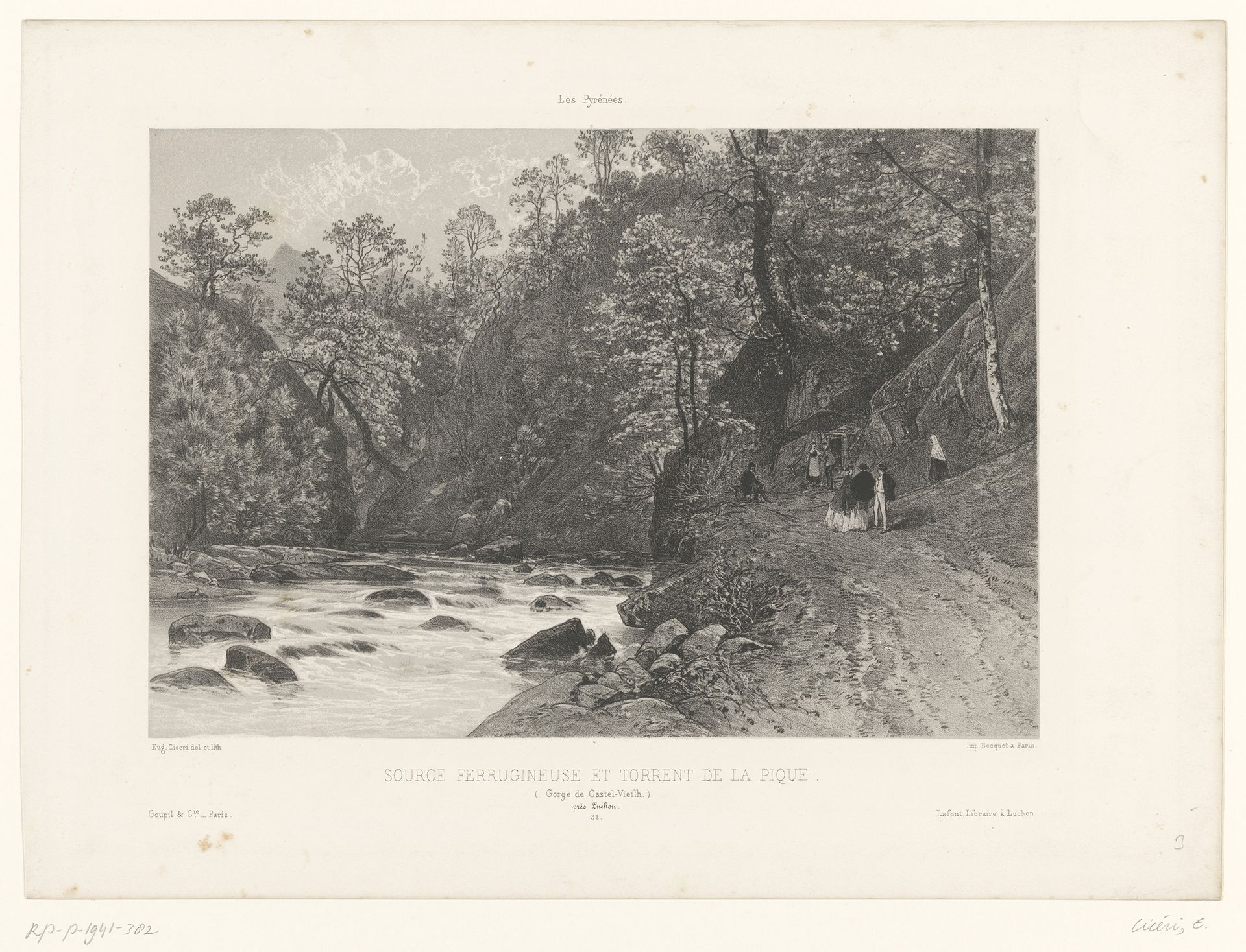Wandelaars bij een bergbeek en ijzerhoudende bron by Eugène Cicéri