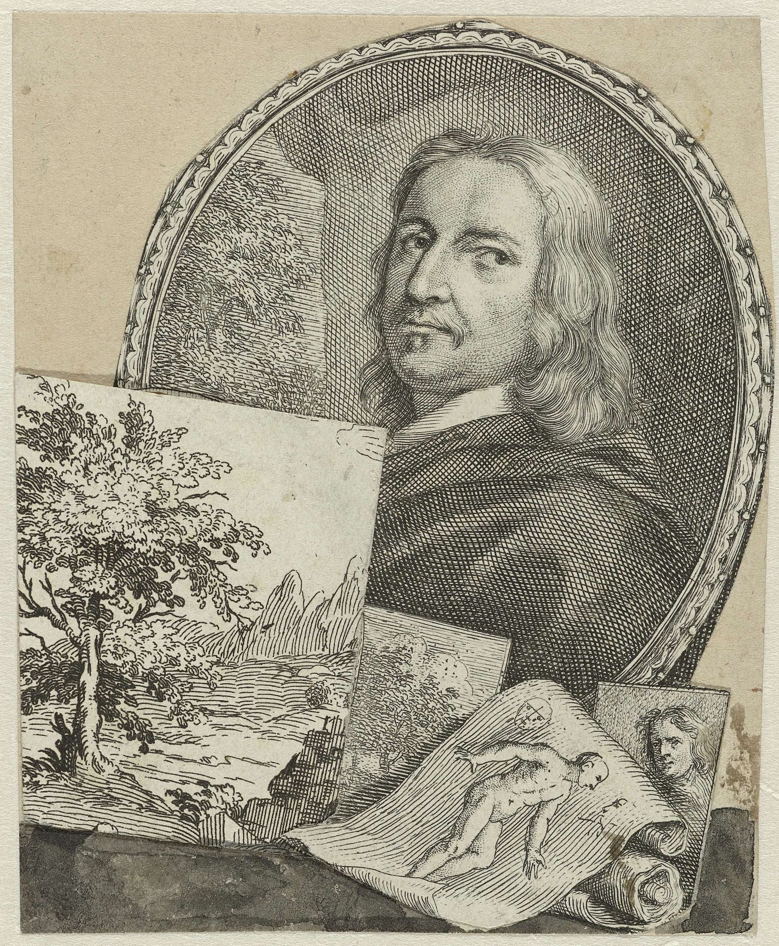 Portret van Philippe de Champaigne in collage by Arnold Houbraken
