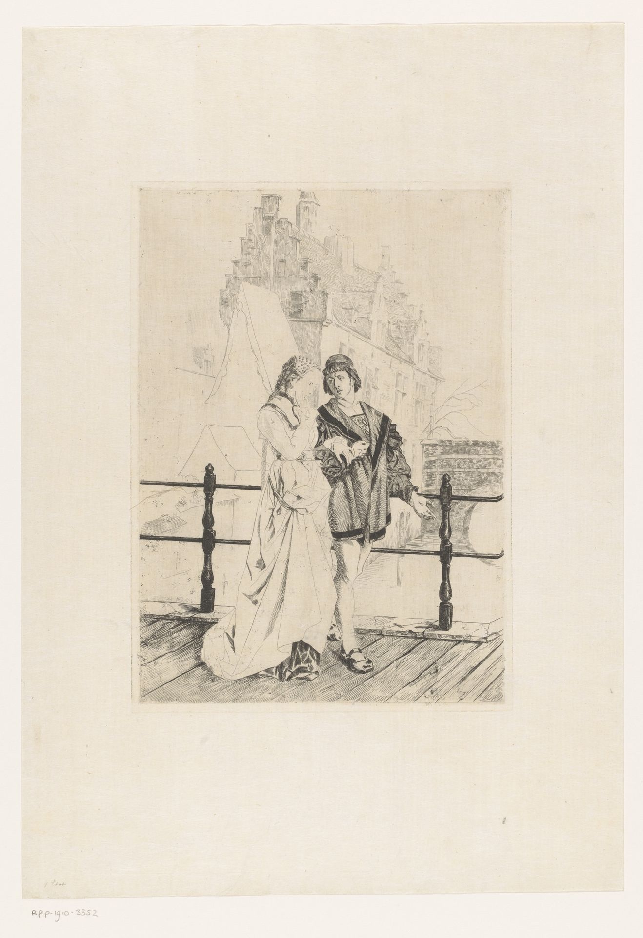 Jong koppel loopt arm in arm over een brug by Willem Geets