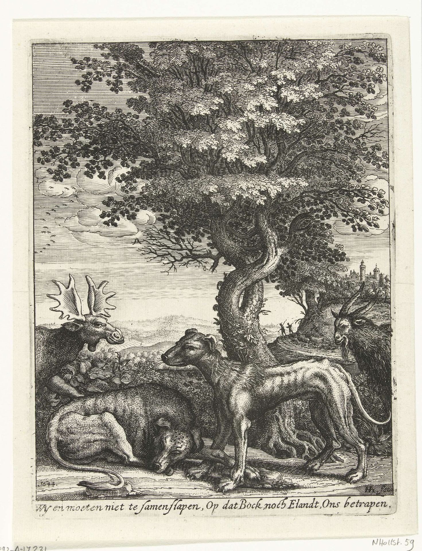 Landschap met een geit, een eland en twee honden by Hendrick Hondius I