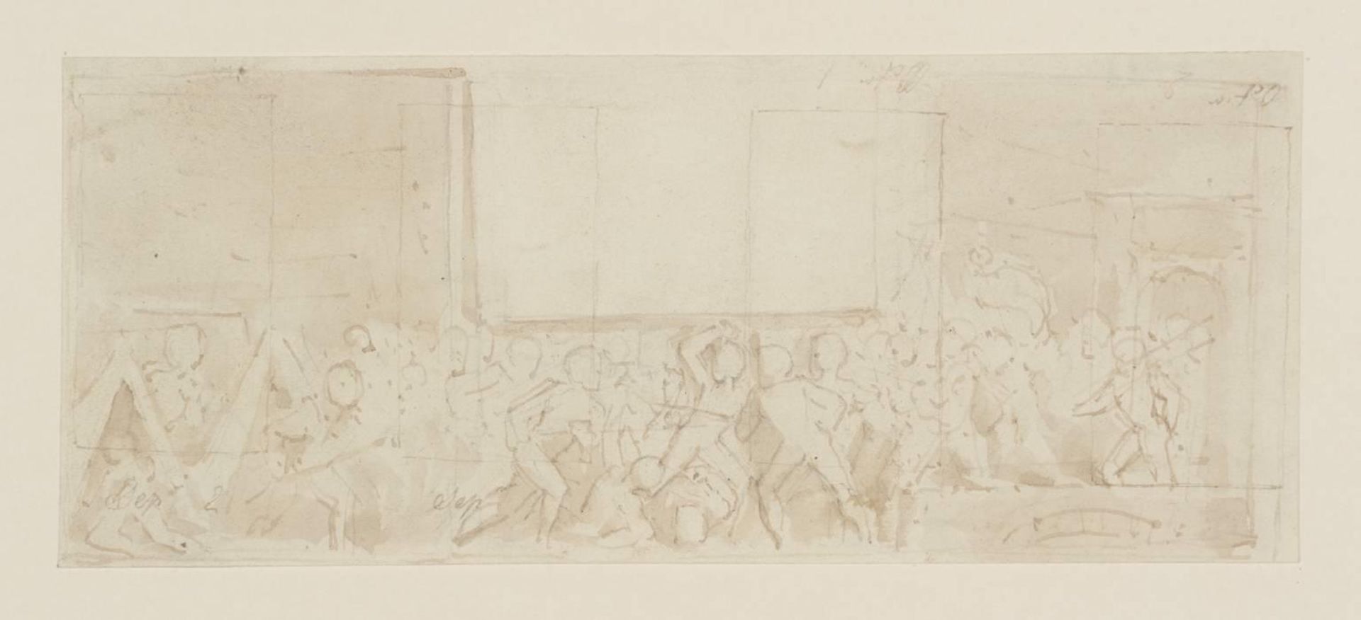 Design for R. Pollard’s ‘The Peerage of Great Britain and Ireland’; Matthew de Johnson Defeating the Earl of Douglas and Taking his Brother the Earl of Ormond Prisoner: A Border of Fighting Figures. Verso: Similar Design, Flanked by a Standing Female by Thomas Stothard