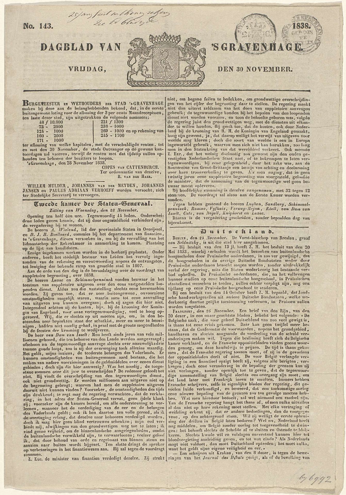 Dagblad van 's Gravenhage. Vrijdag, den 30 November. No. 143. 1838 by P.E. van Staden