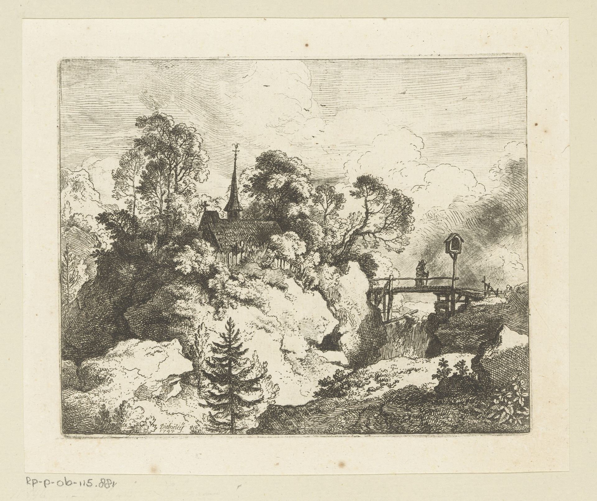 Landschap met kerk en links een kluizenaar op de brug by Christian Wilhelm Ernst Dietrich