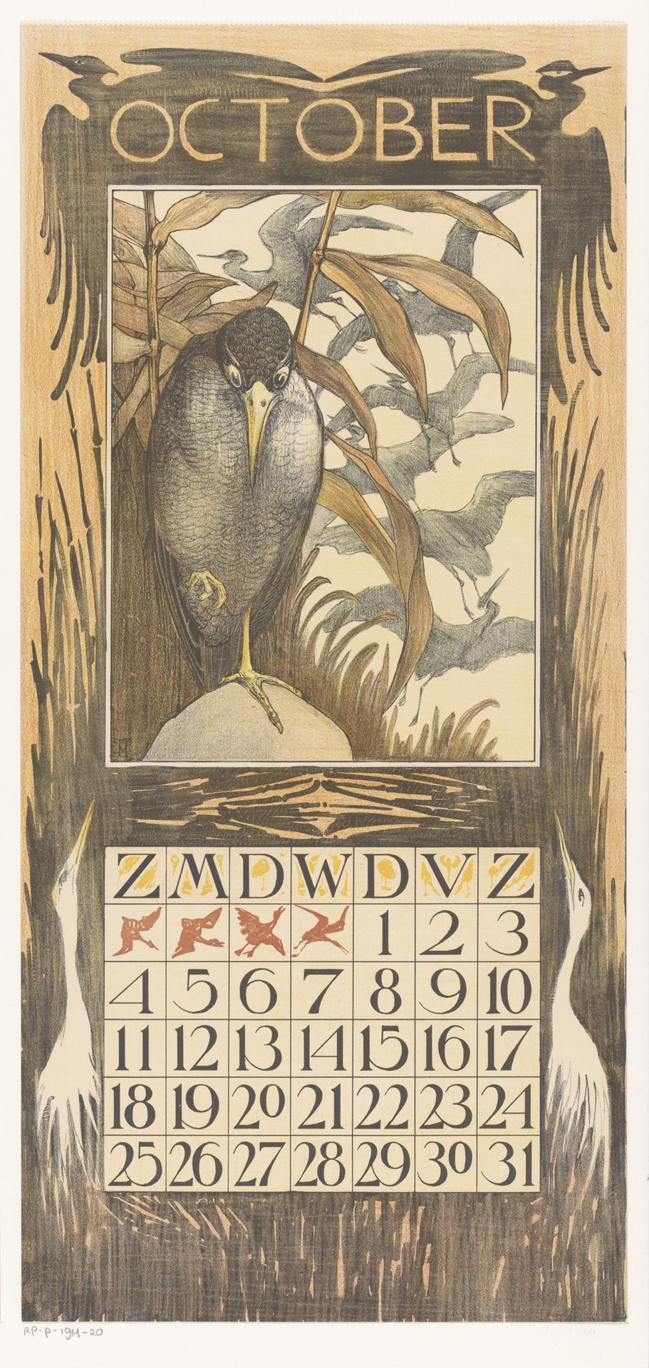 Kalenderblad oktober met vogel op een poot by Theo van Hoytema