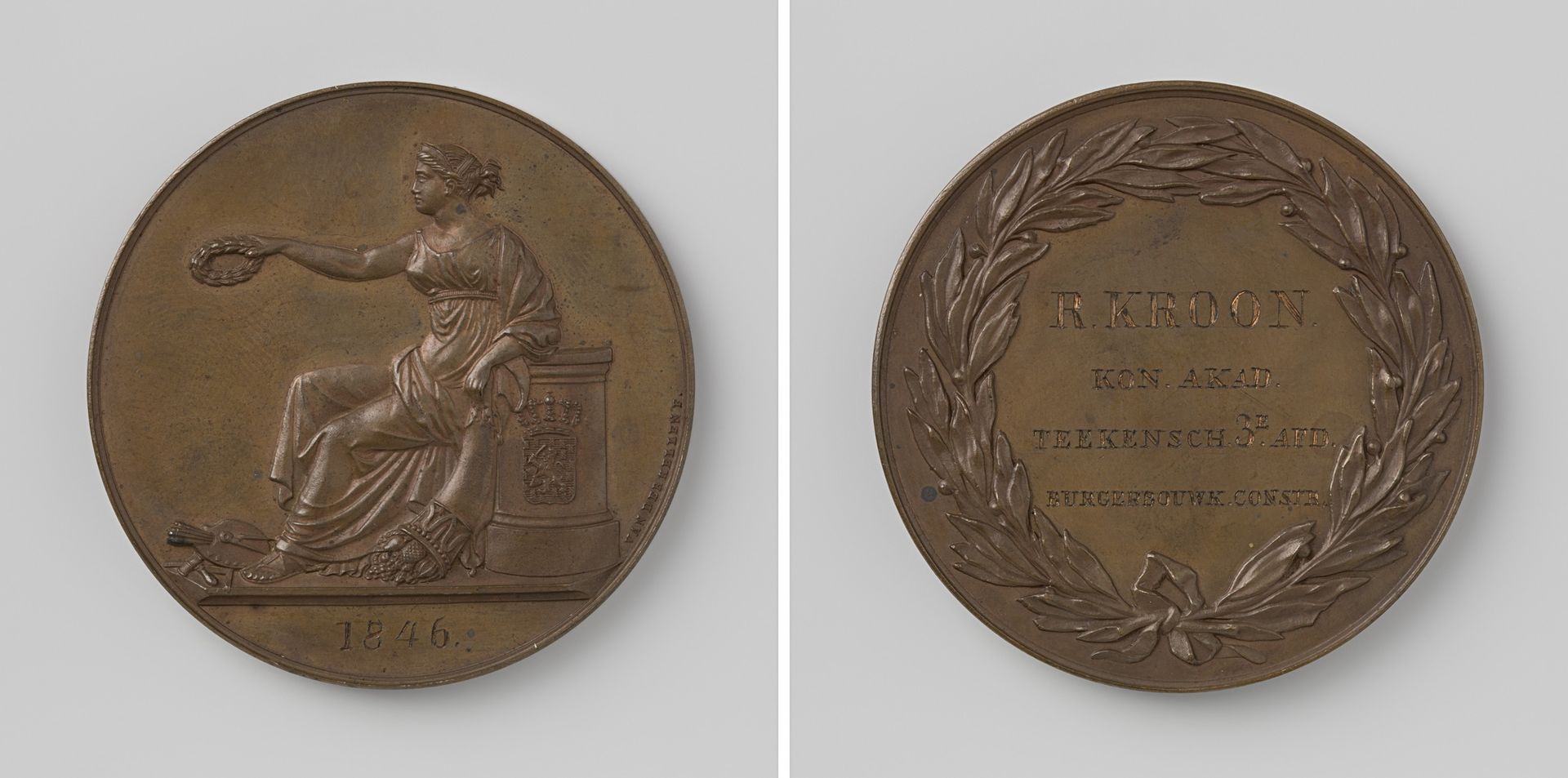 Afdeling Burgerbouwkundige Constructie van de Tekenschool van de Koninklijke Akademie van Beeldende Kunsten, penning uitgereikt aan R. Kroon by David van der (1804-1879) Kellen
