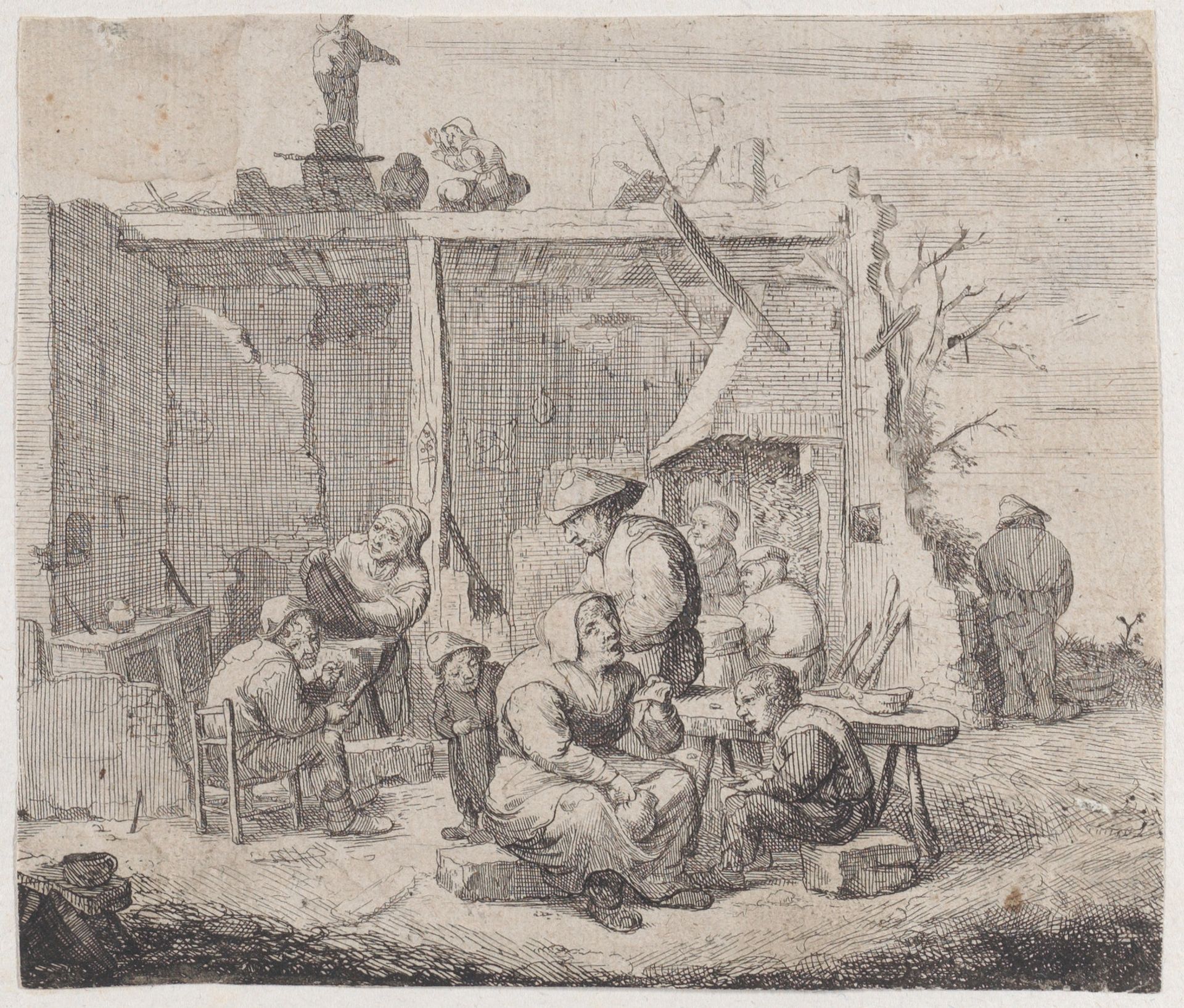 A dilapidated building with eight peasants engaged in various activities by Jacques Dassonville