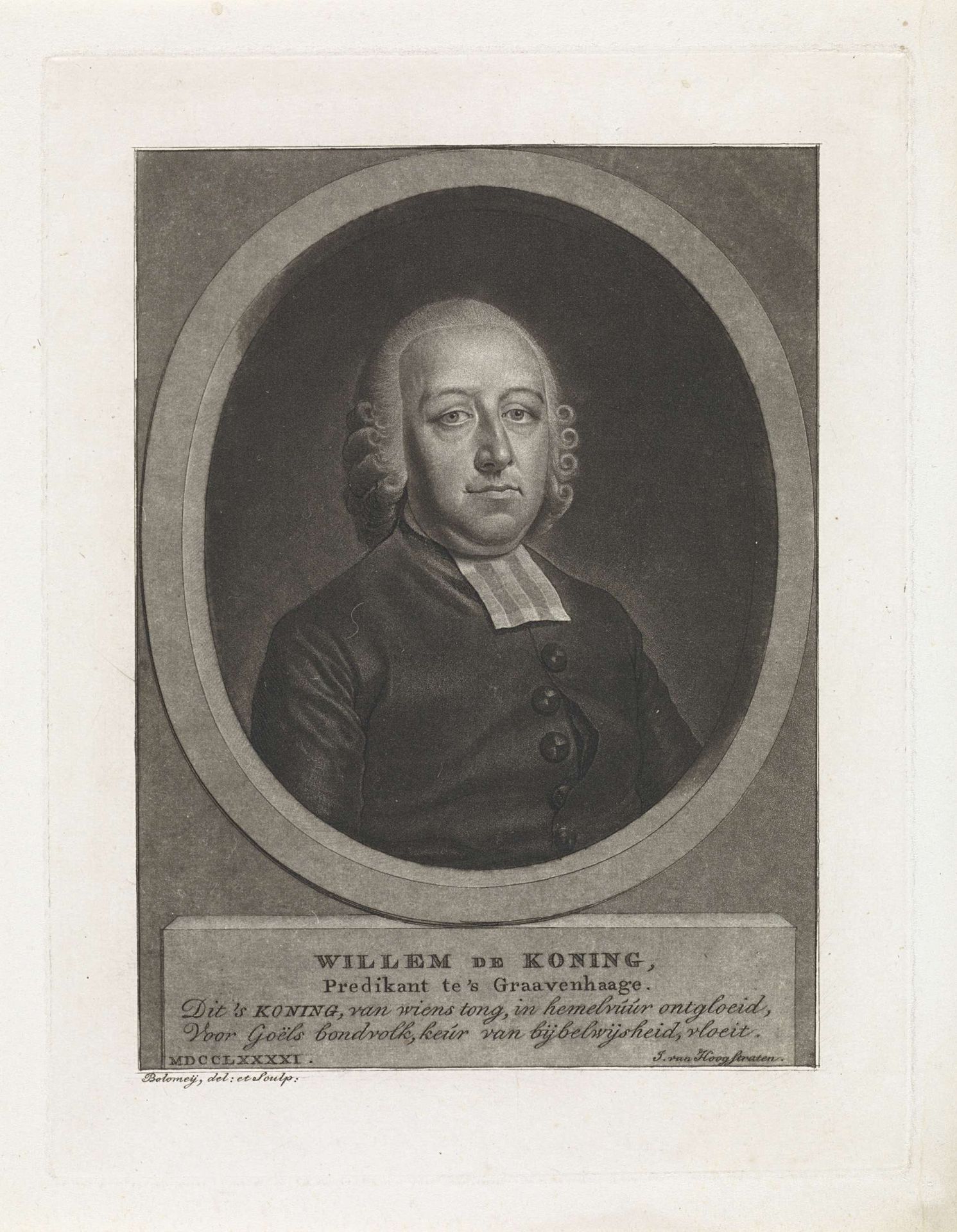 Portret van predikant Willem de Koning by Benjamin Samuel Bolomey