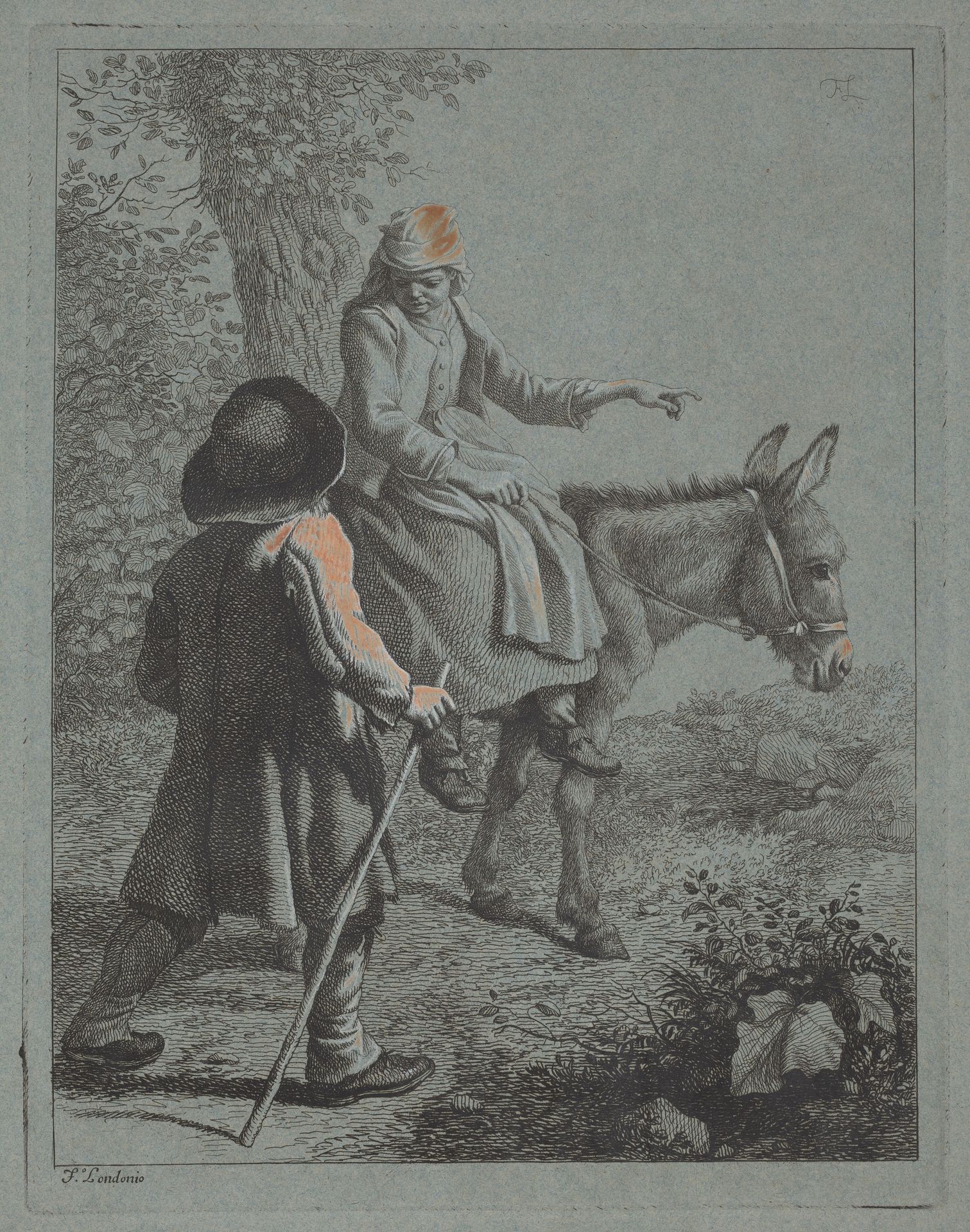 Peasant Woman Seated on a Donkey and a Peasant Man by Francesco Londonio