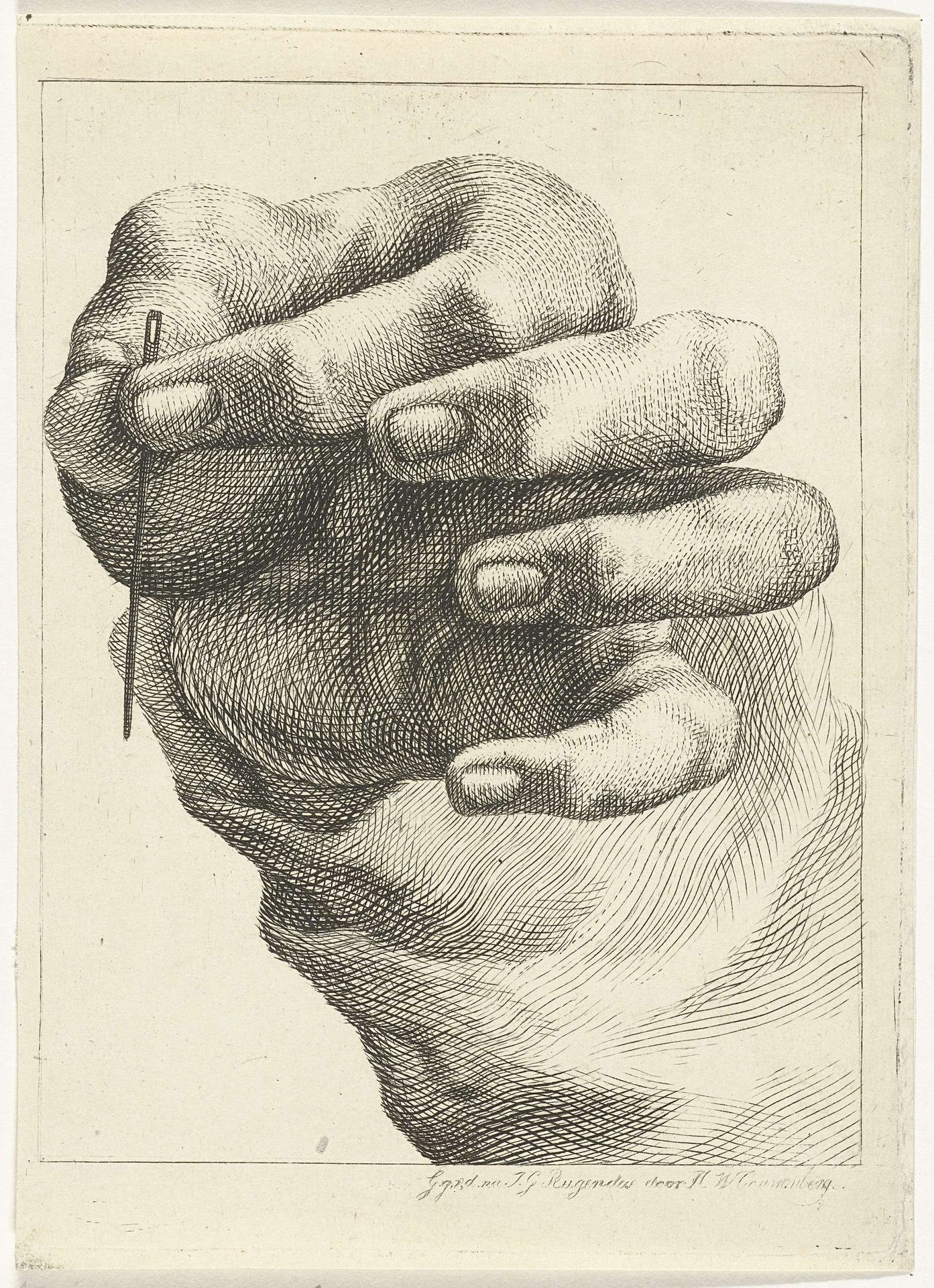 Studie van een hand met een naald tussen duim en wijsvinger by Henricus Wilhelmus Couwenberg