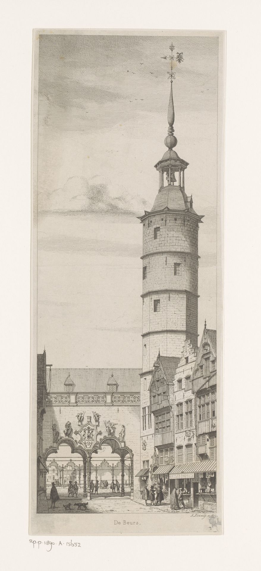 Straatgezicht met oude gebouwen en een klokkentoren by Jean Théodore Joseph Linnig