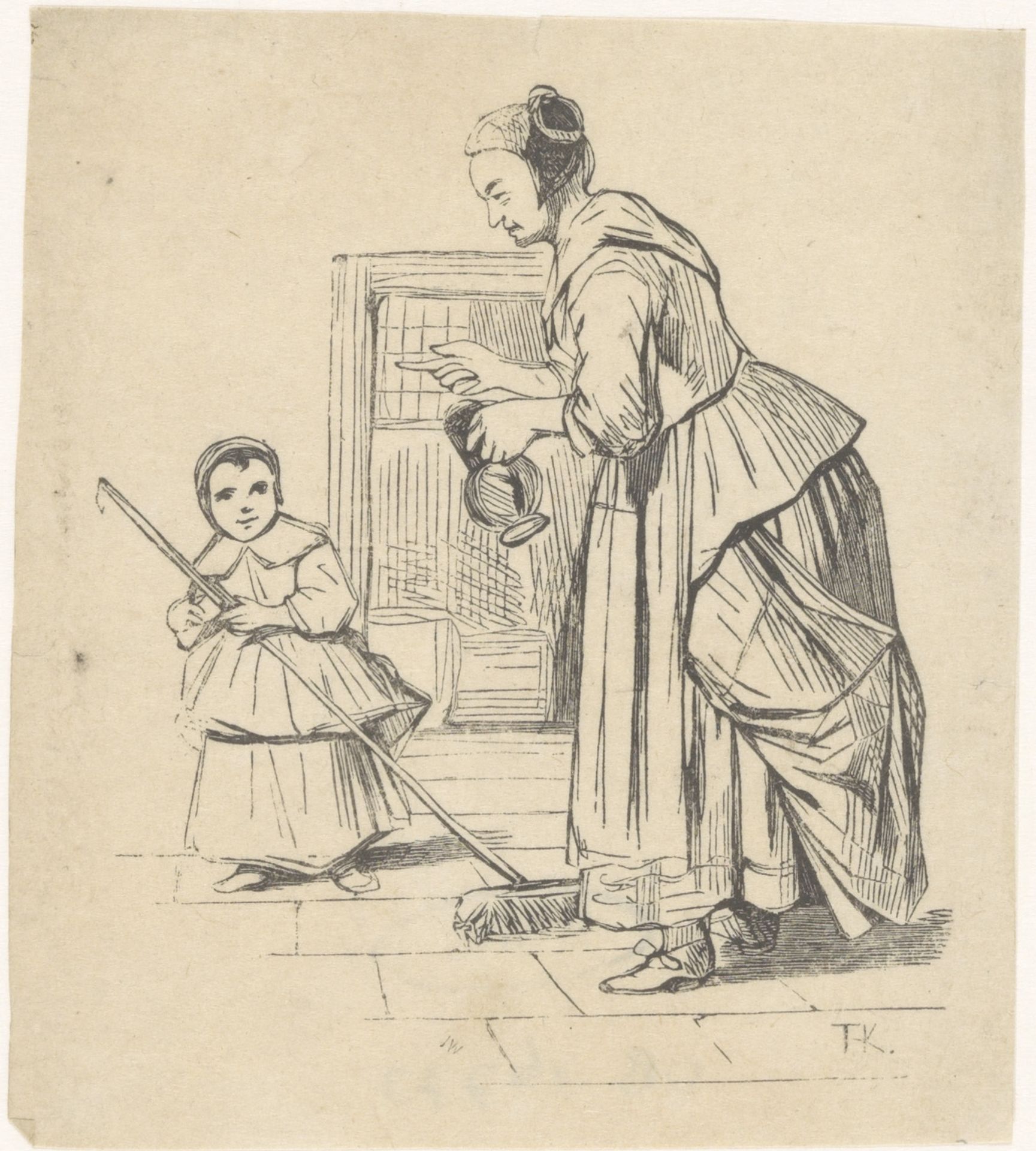 Vrouw met kan en meisje met bezem by Theodorus Henricus Kerstel