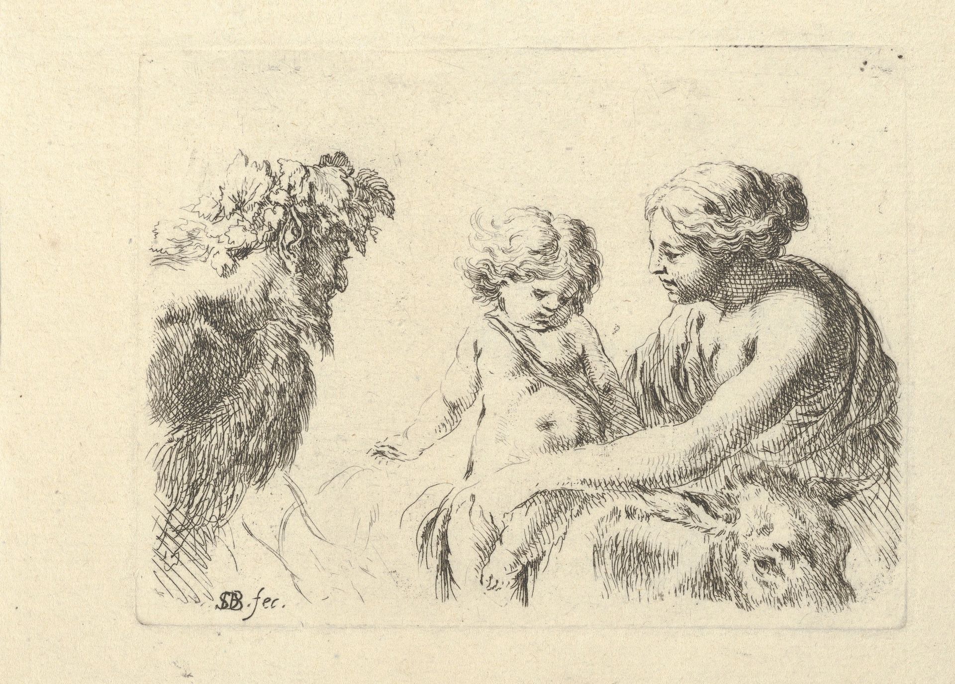 Plate 6: a woman at right holding her child who is sitting atop a donkey, a satyr at left looking towards the right, from 'Various figures and doodles' (Diverses figures et griffonnemens by Stefano della Bella