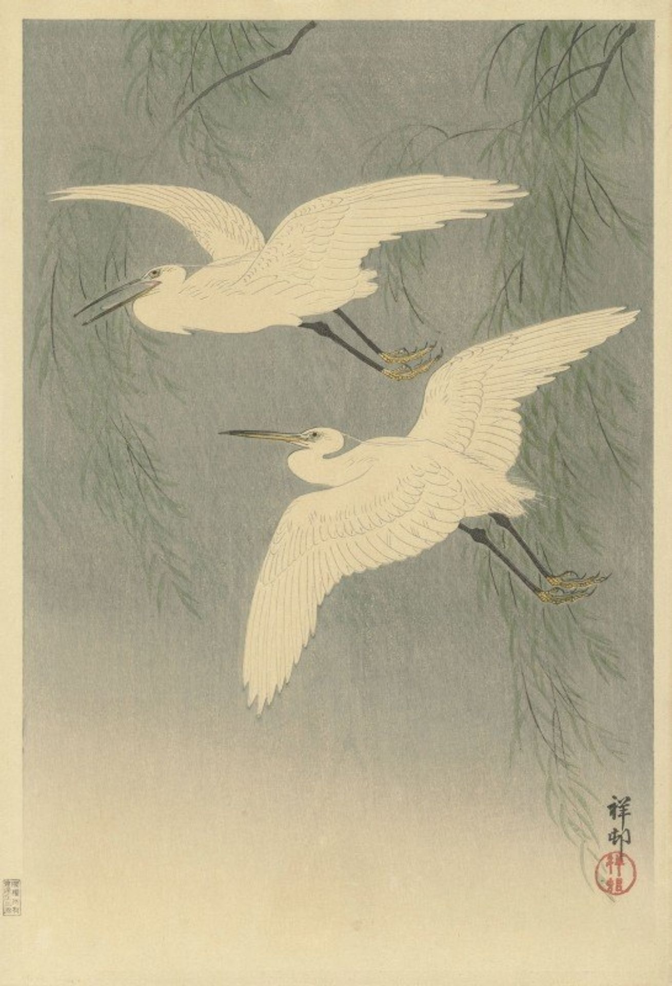 Little Egrets in flight by Ohara Koson