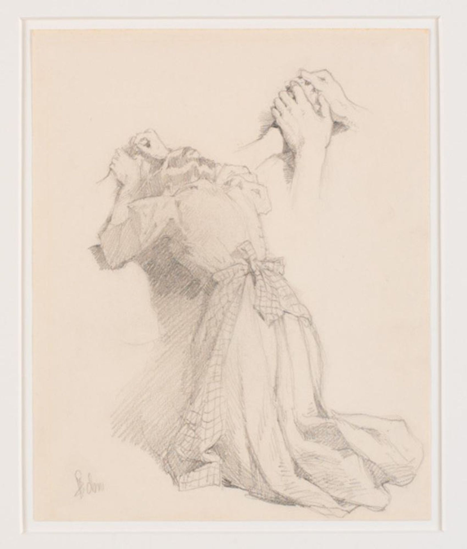 Et blad med fem blyantskitser. Kvindefigurer. Studie af hænder. by Frans Schwartz