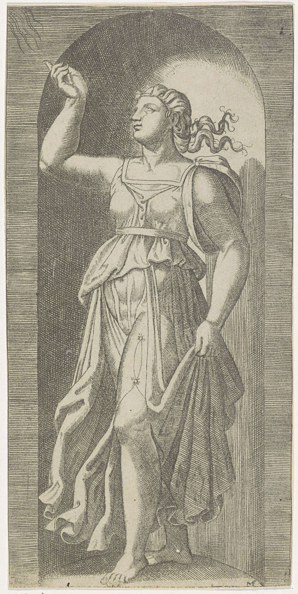 Vrouw als personificatie van Hoop (Fides) met naar boven opgeslagen ogen by Marcantonio Raimondi