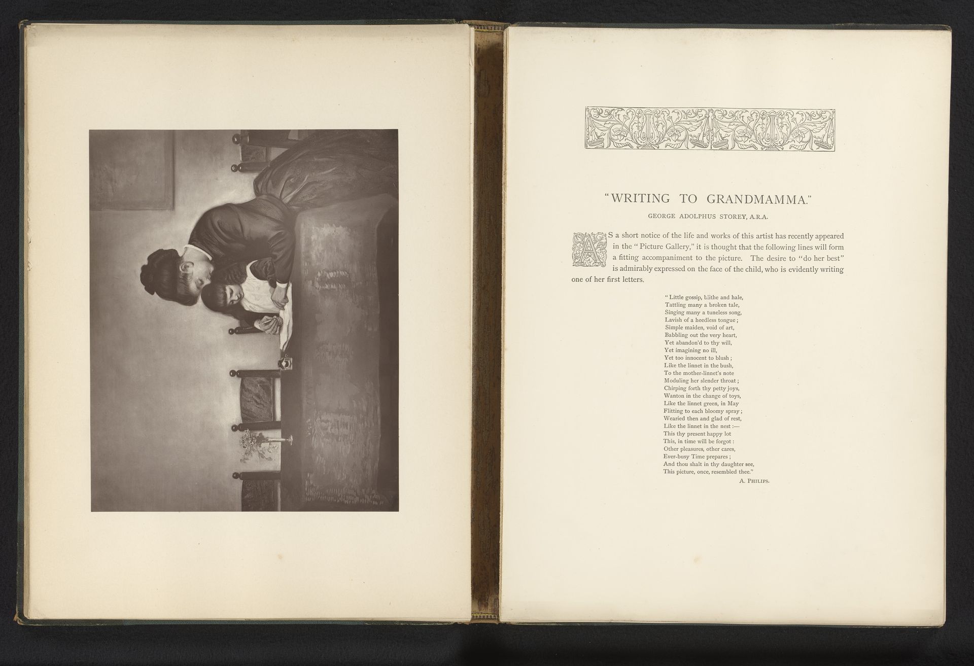 Reproductie van een schilderij van een meisje dat een brief schrijft door George Adolphus Storey by Anonymous
