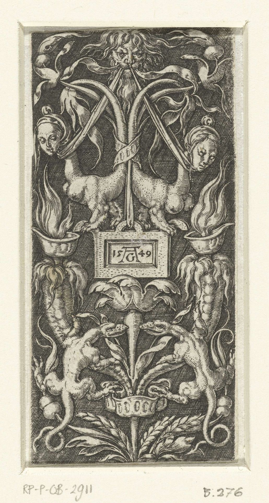 Vlakdecoratie met twee sfinxen by Heinrich Aldegrever