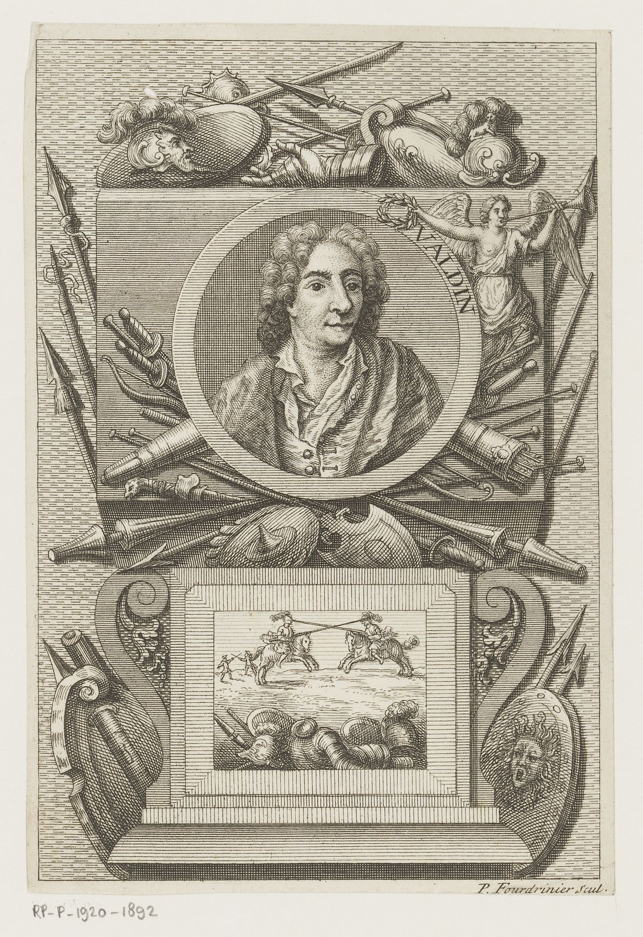 Portret van een onbekende man, mogelijk Valdin, in een cartouche met wapens by Pierre Fourdrinier