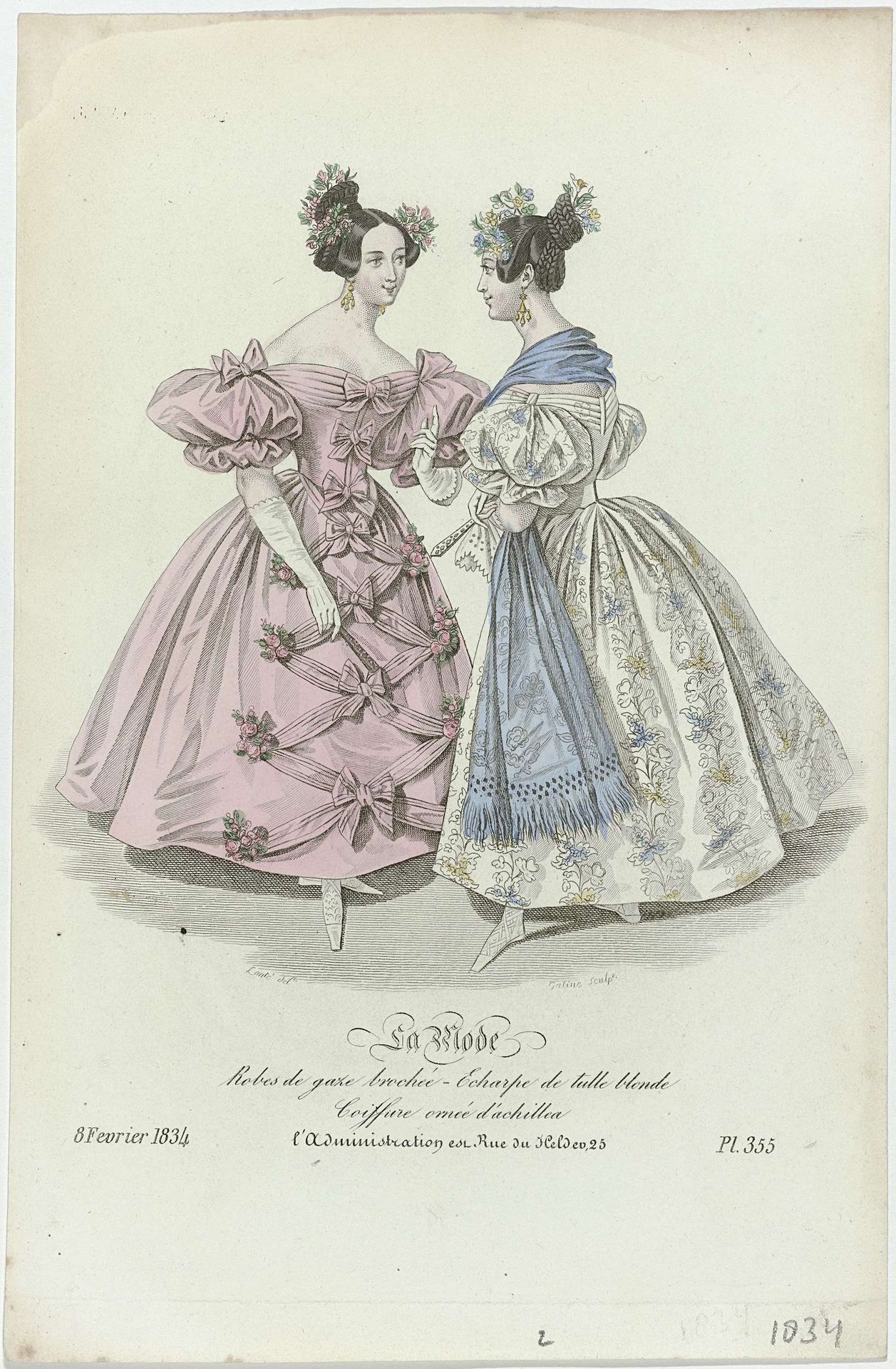 La Mode, 8 février 1834, Pl. 355 : Robes de gaze broché (...) by Georges Jacques Gatine